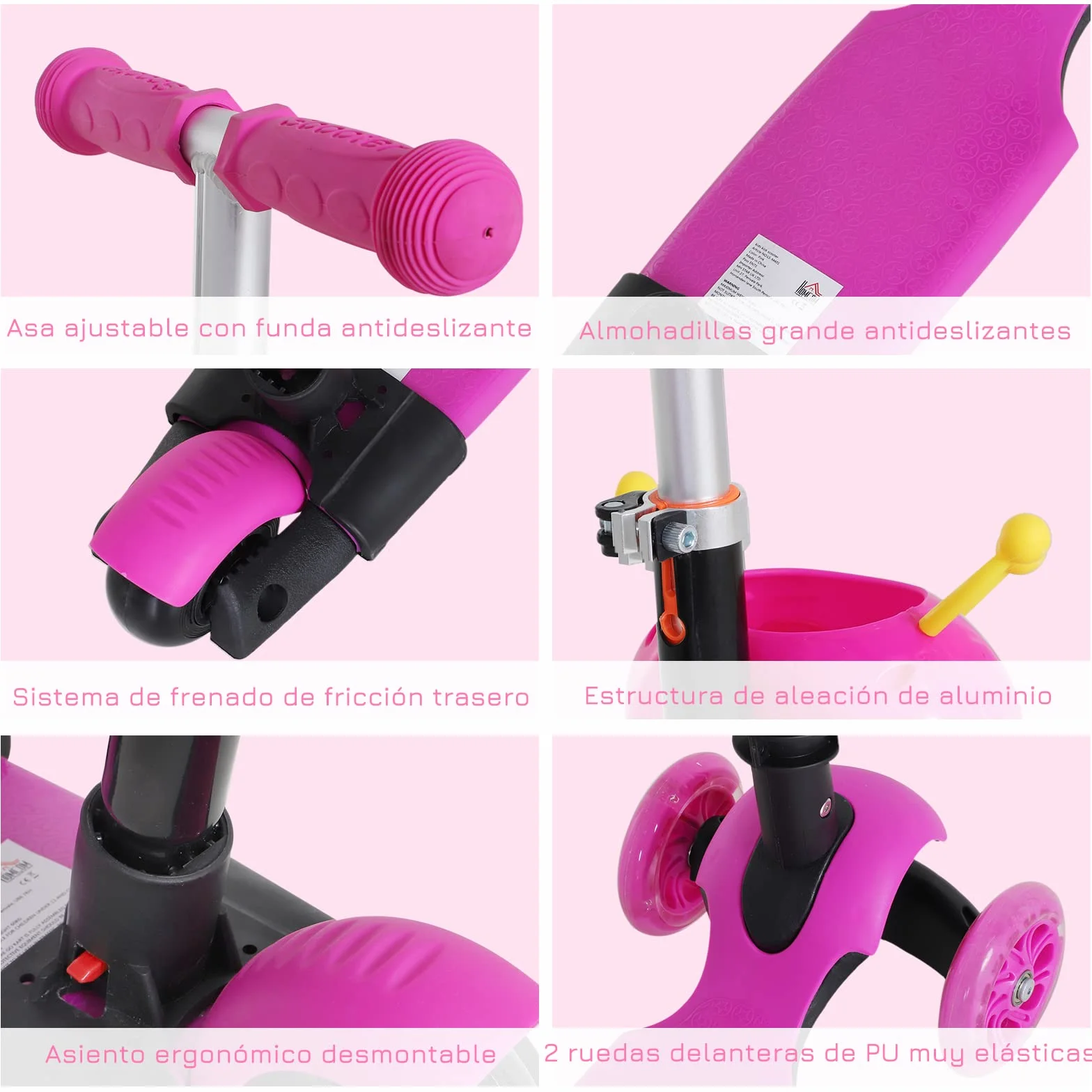 HOMCOM 3 en 1 Patinete para Niños de +18 Meses Scooter de 3 Ruedas con Asiento Extraíble Manillar Mango de Empuje Altura Ajustable 62x25x72,5 cm Rosa