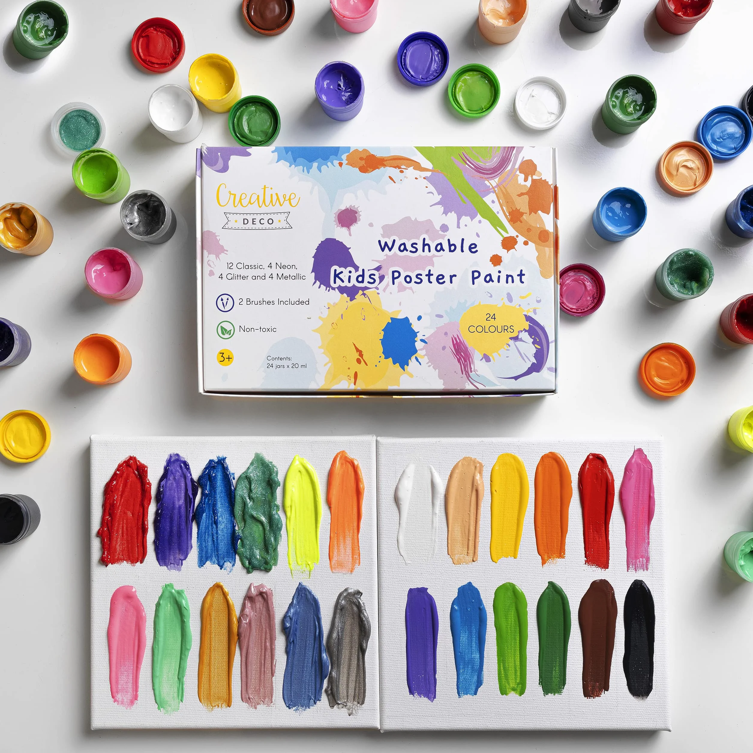 Creative DECO Temperas para Niños Lavable Pintura Dedos Bebes | 24 x 20 ml Botes | No Tóxica | Colores Básicos Fluorescentes Brillantes Metálicos y Neón | para Principiantes y Artistas Navidad