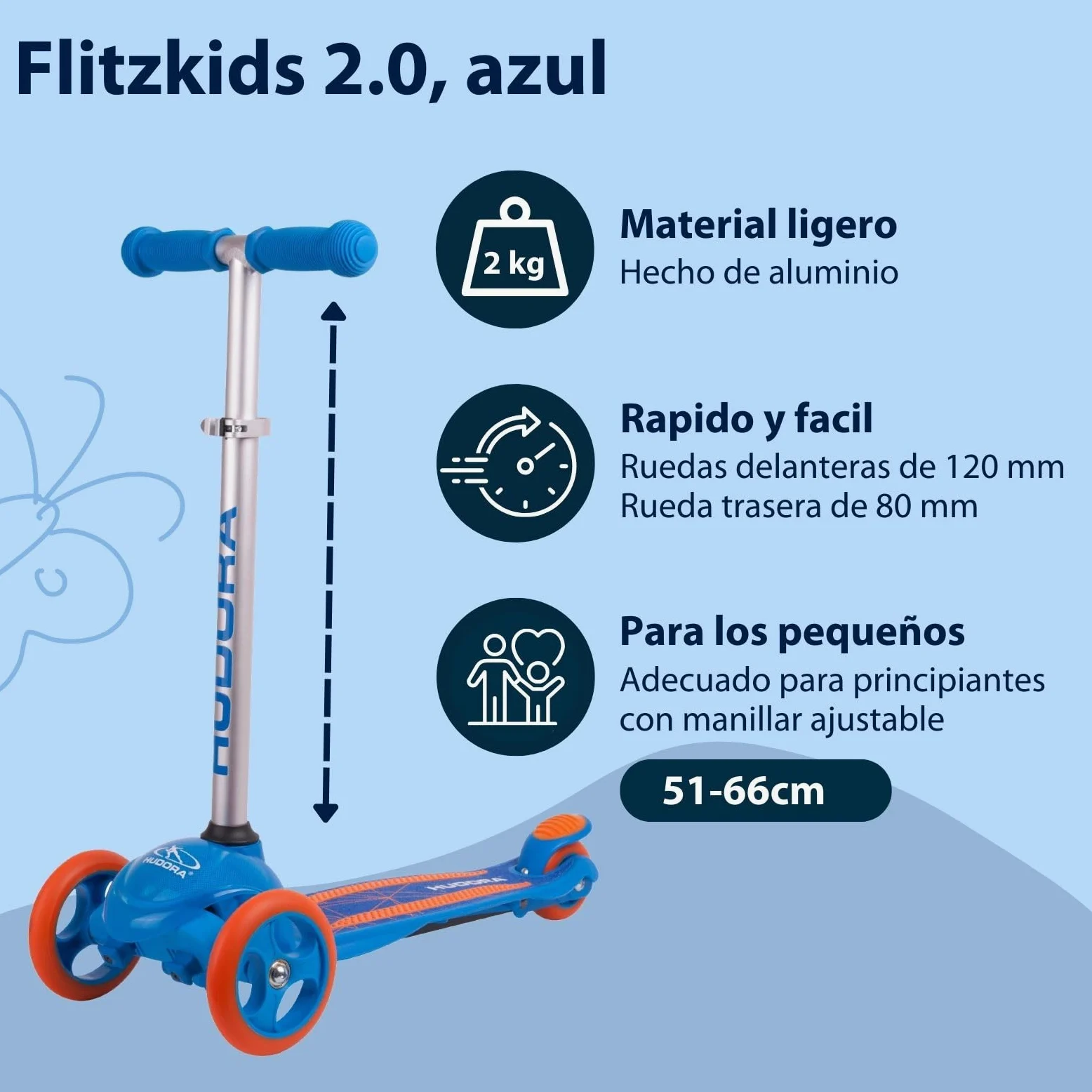 HUDORA Scooter Flitzkids 2.0 I Patinete para niños resistente con amplia plataforma I Scooter de tres ruedas mini ajustable en altura y portátil para hasta 50 kg I Patinete de aluminio para niños