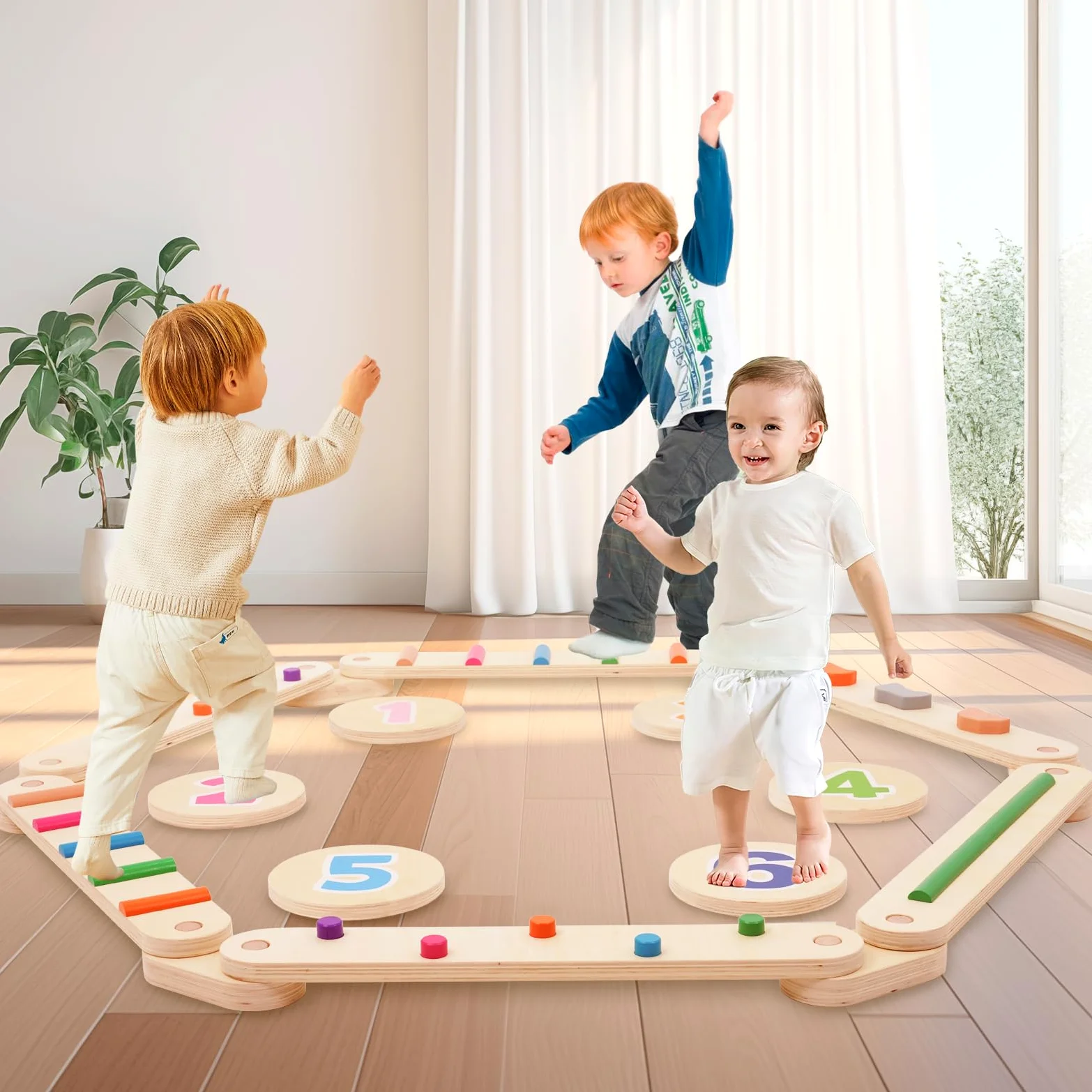 Juego de vigas de equilibrio de madera para niños de 3 a 6 años, 6 piezas de barras de equilibrio Montessori con piedras escalonadas, equipo de entrenamiento para interiores y exteriores