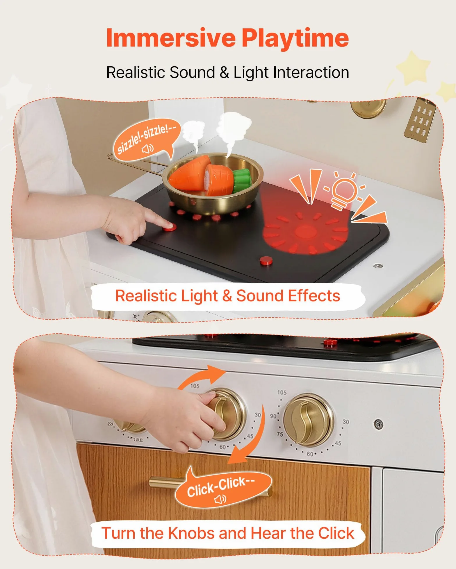 VEVOR Cocina de Juguete para Niños de 3 a 8 Años, Cocinita Infantil de Madera con Luces y Sonidos, Zonas Interactivas, Juego de Cocina con Almacenamiento, Microondas, Fregadero, Accesorios, Blanco