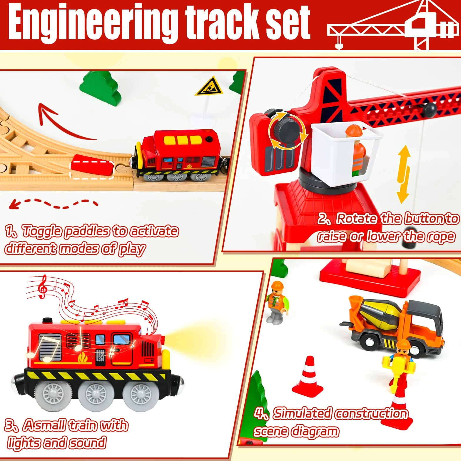 FORMIZON 87 Piezas Pistas de Tren Madera, Ferrocarril Madera con Tren Eléctrico y Coche de Bomberos, Tren Juguetes Regalos de Cumpleaños y Navidad para Niños, Compatible con Las Principales Marcas