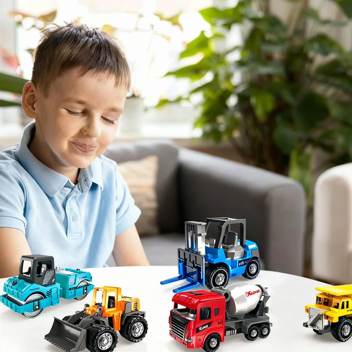 Camiones de Construcción Juguetes, 6PCS Camiones Juguetes, Mini Coches Vehículos de Construcción, Set de Vehículos Push and Go con Grúa, Excavadora, Educación Regalos