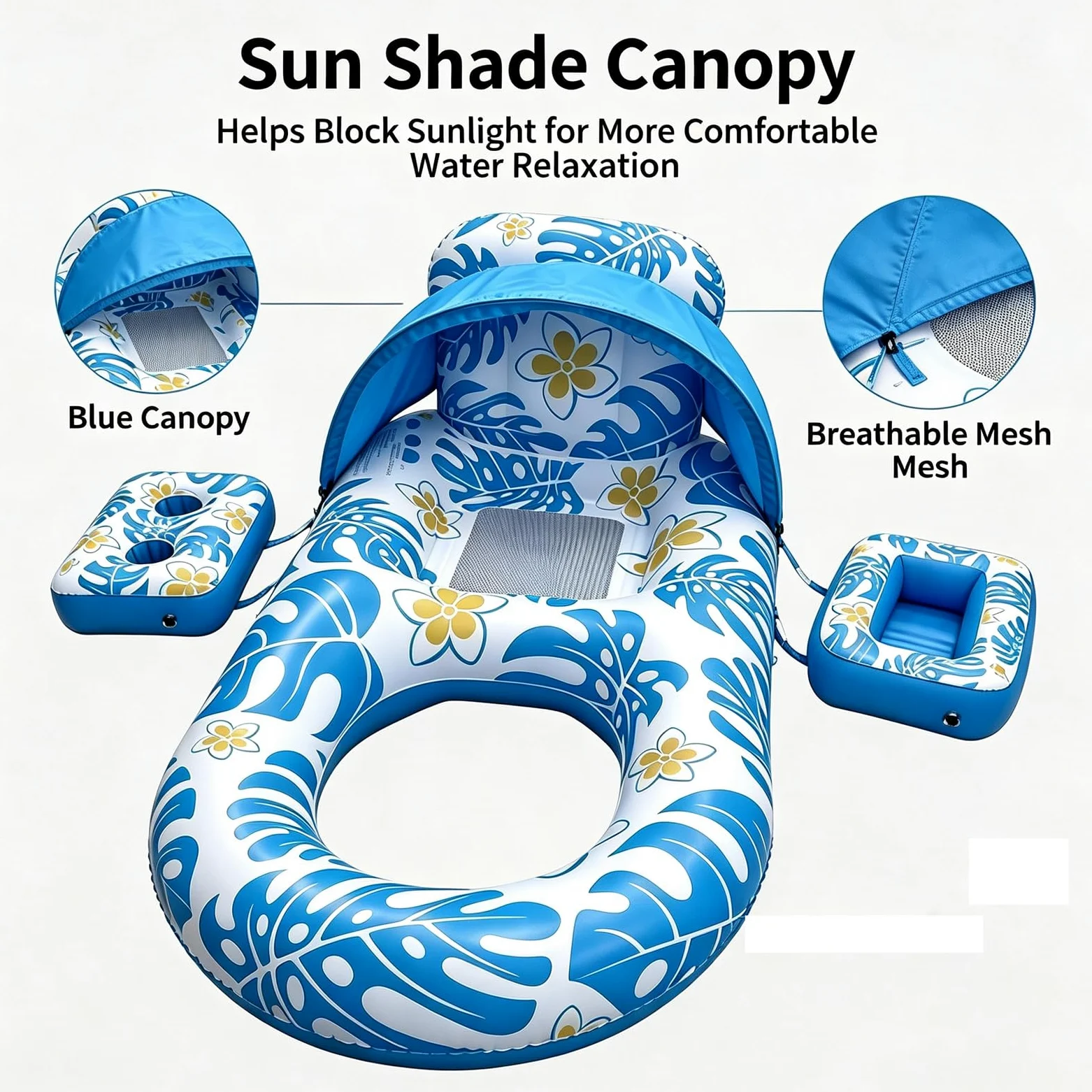 Flotadores Inflables para Adultos con Respaldo y reposabrazos Colchoneta Hinchable Piscina de PVC Plegable con Parasol Cubierta Inferior de Malla Ideales para Diversión Descanso