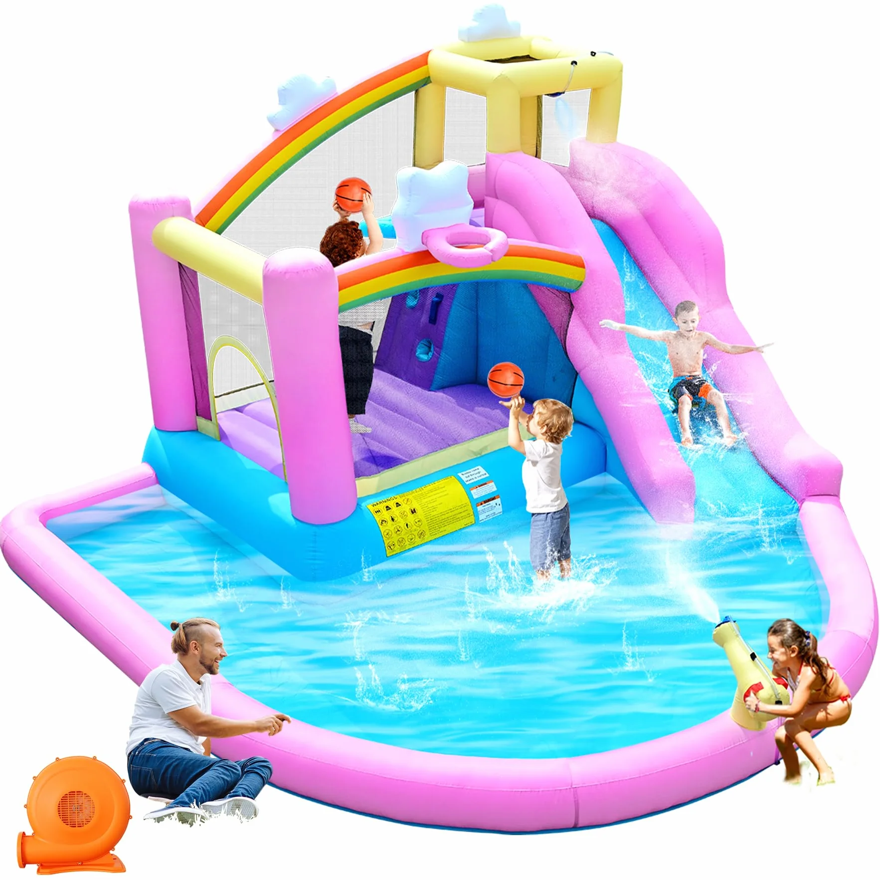 Castillo hinchable hinchable con tobogán de agua, pared de escalada, canasta de baloncesto y piscina infantil, incluye soplador, exterior para niños, ideal para jardín, 365 x 390 x 238 cm