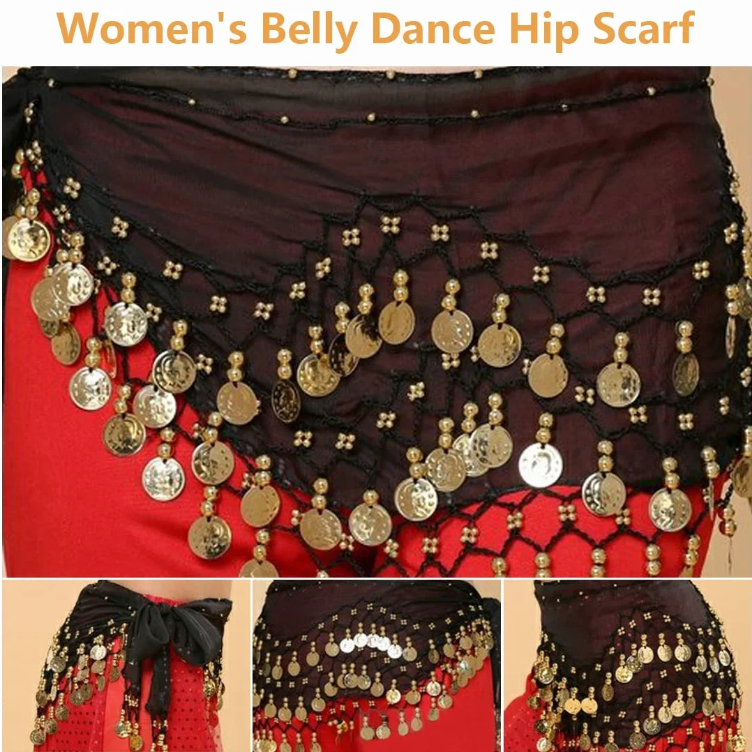 Bufandas de Cadera para Danza del Vientre, Faldas con Forma de Onda para Mujeres, Cinturón con Monedas y Brazaletes