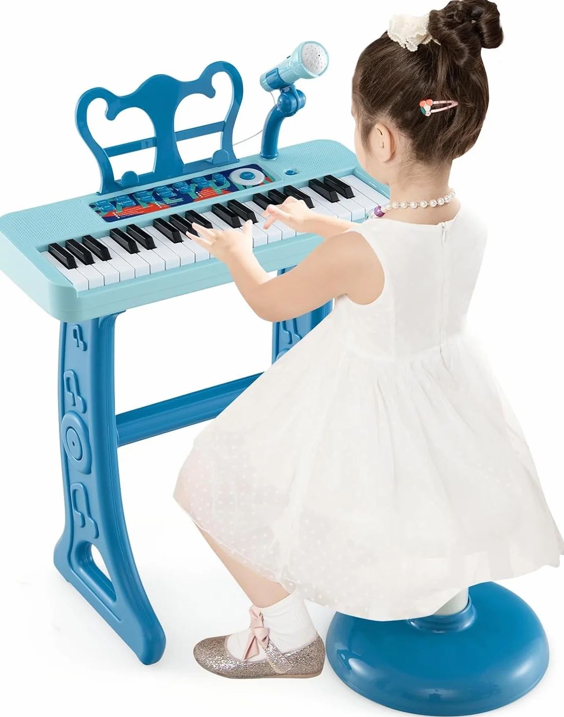 RELAX4LIFE Piano Infantil 37 Teclas con Micrófono, Taburete, Atril, Grabación y Reproducción, Volumen Ajustable, Karaoke Infantil con 22 Canciones, 4 Ritmos, 4 Instrumentos para Niños 3+ Años (Azul)