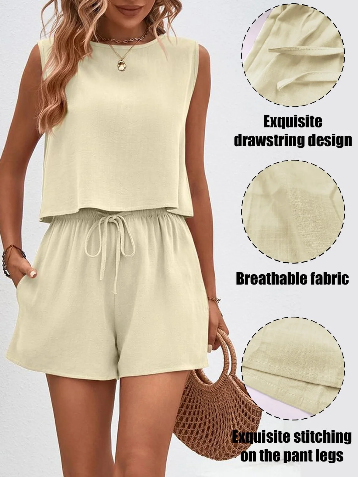 Chándales para Mujer Conjunto Deportivo de Verano sin Mangas Lino Chaleco Pantalones Cortos Cintura Alta