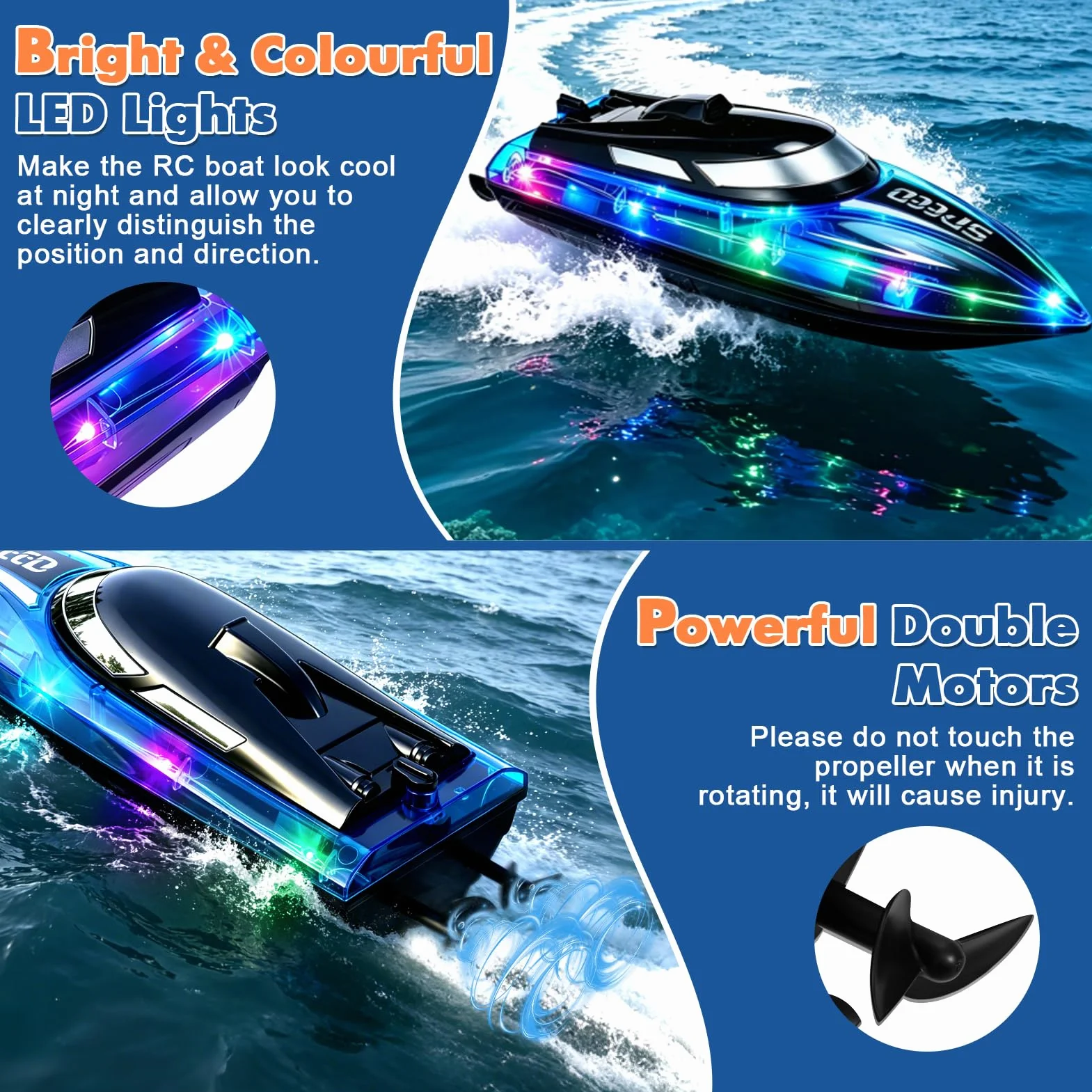Barco Teledirigido para niños y Adultos, 2.4 GHz Barco de Control Remoto con luz RGB, Barco eléctrico Alta Velocidad 20 km/h Hélices Dobles Autoadrizable lanchas de Carreras para Piscinas Lagos