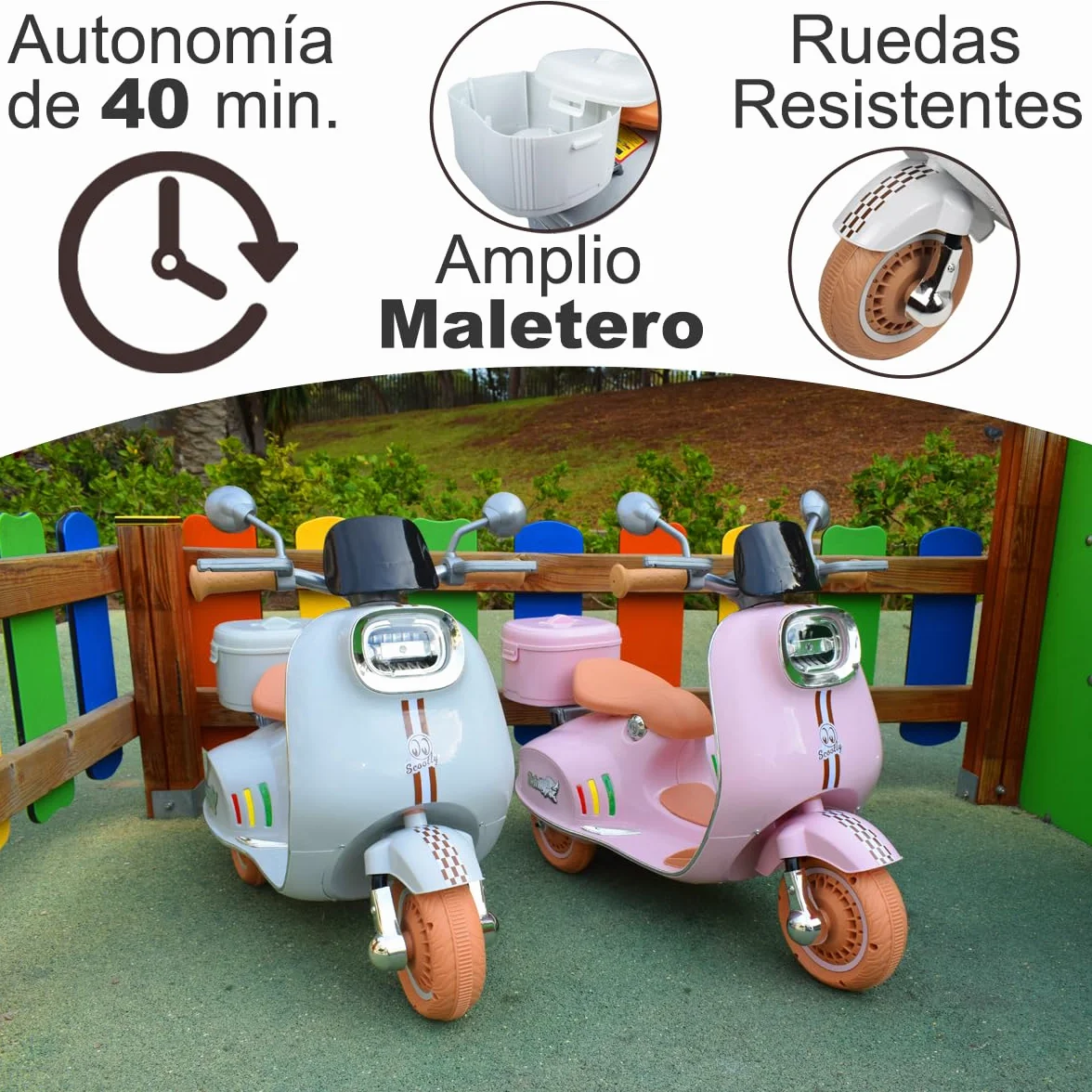Twinly - Moto Eléctrica para niños SCOOTLY - Motocicleta Infantil con Mando a Distancia- Cargador y batería 6V hasta 40min – Acelerador de Pedal - Maletero, USB, luz y MP3 Bluetooth (Rosa)