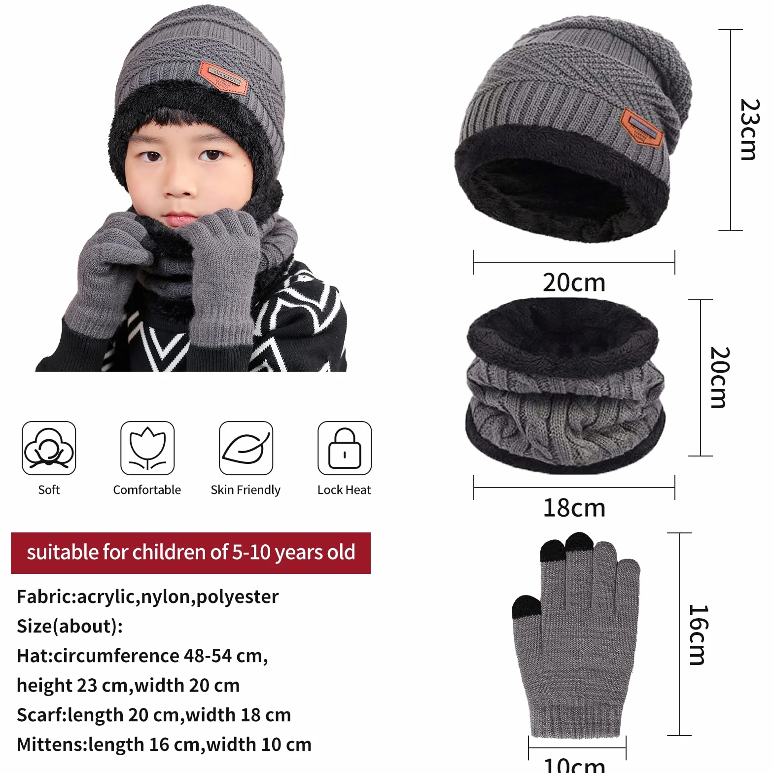 Gorro Invierno Niños Niñas Conjunto Bufanda Guantes Forro Polar Pantalla Táctil 5-10 Años