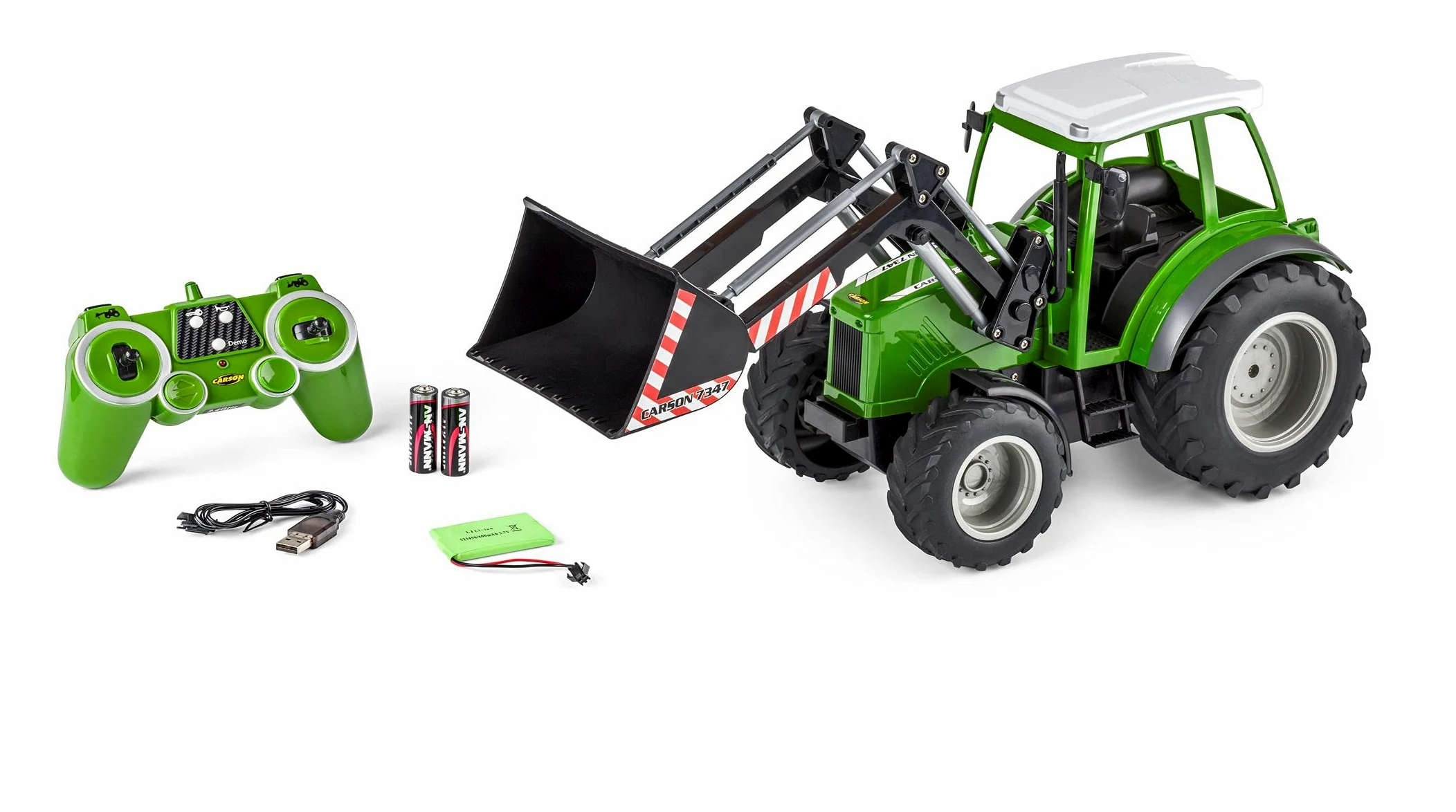 Carson 500907347 Tractor RC con Cargador Frontal 1:16 - Vehículo teledirigido, vehículo agrícola para niños a Partir de 8 años, Apto para Uso en Exteriores, Pilas y Mando a Distancia incluidos