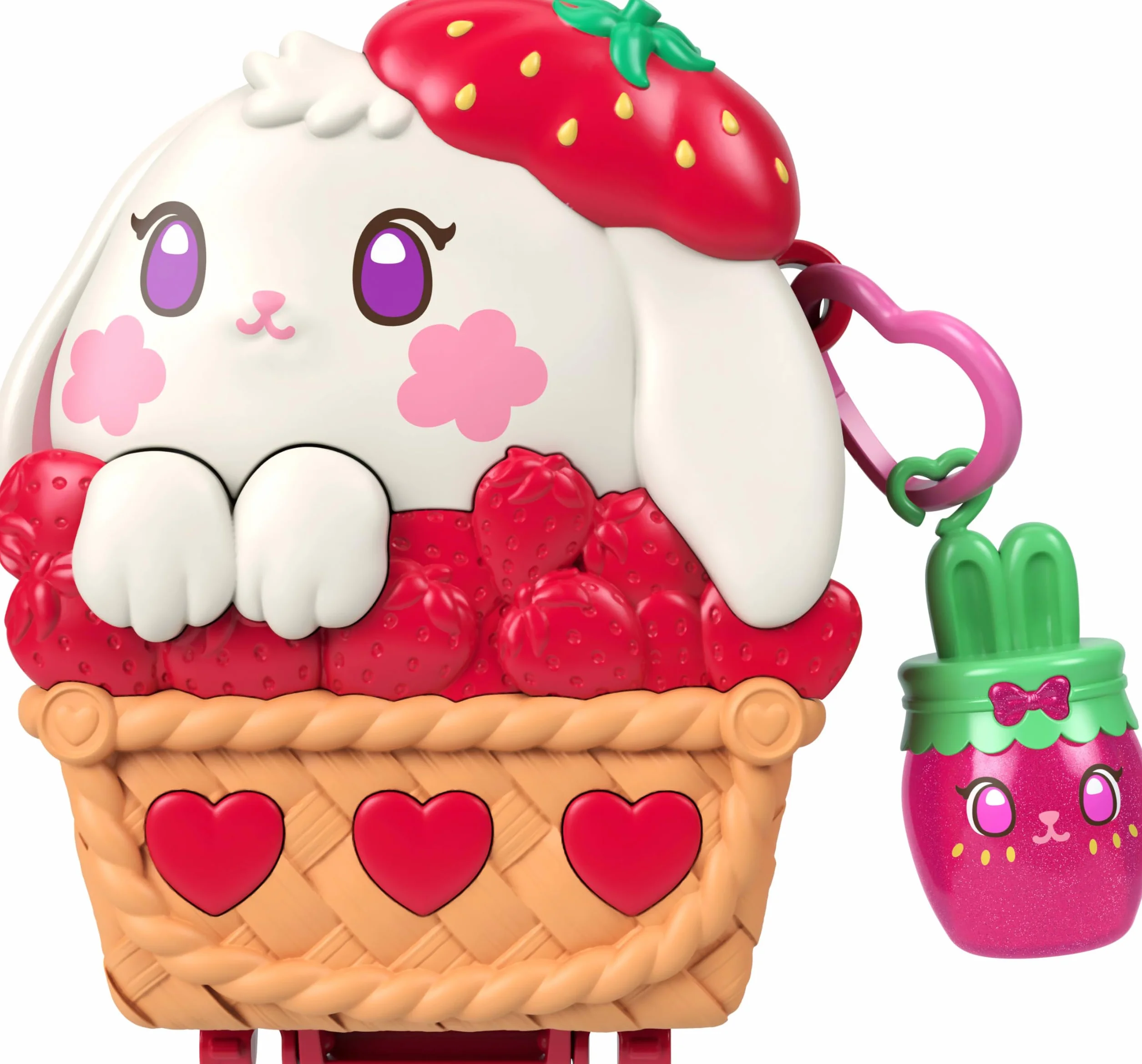 Polly Pocket Estuche Conejito de pícnic, Conjunto de Juego con muñeca, Juguete de Viaje con una minimuñeca, una Mascota y Accesorios temáticos de Fruta, como Fresas, JKC47