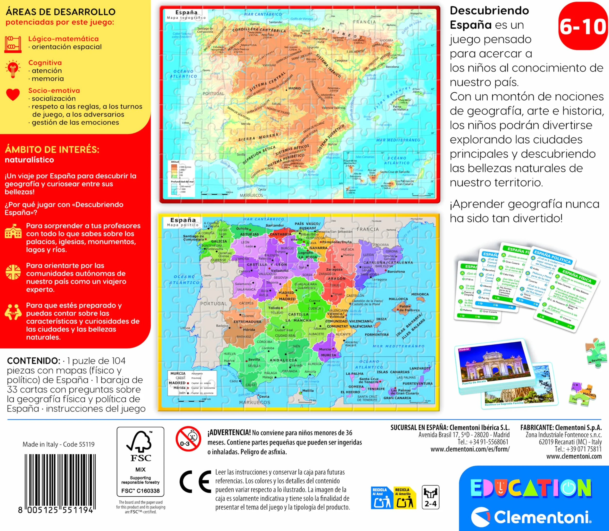 Clementoni - Descubriendo España, Juego Educativo Infanti - A Partir de 6 años - Puzzle Doble Cara del Mapa Físico y Político - Aprende Geografía y Cultura Española, 55119