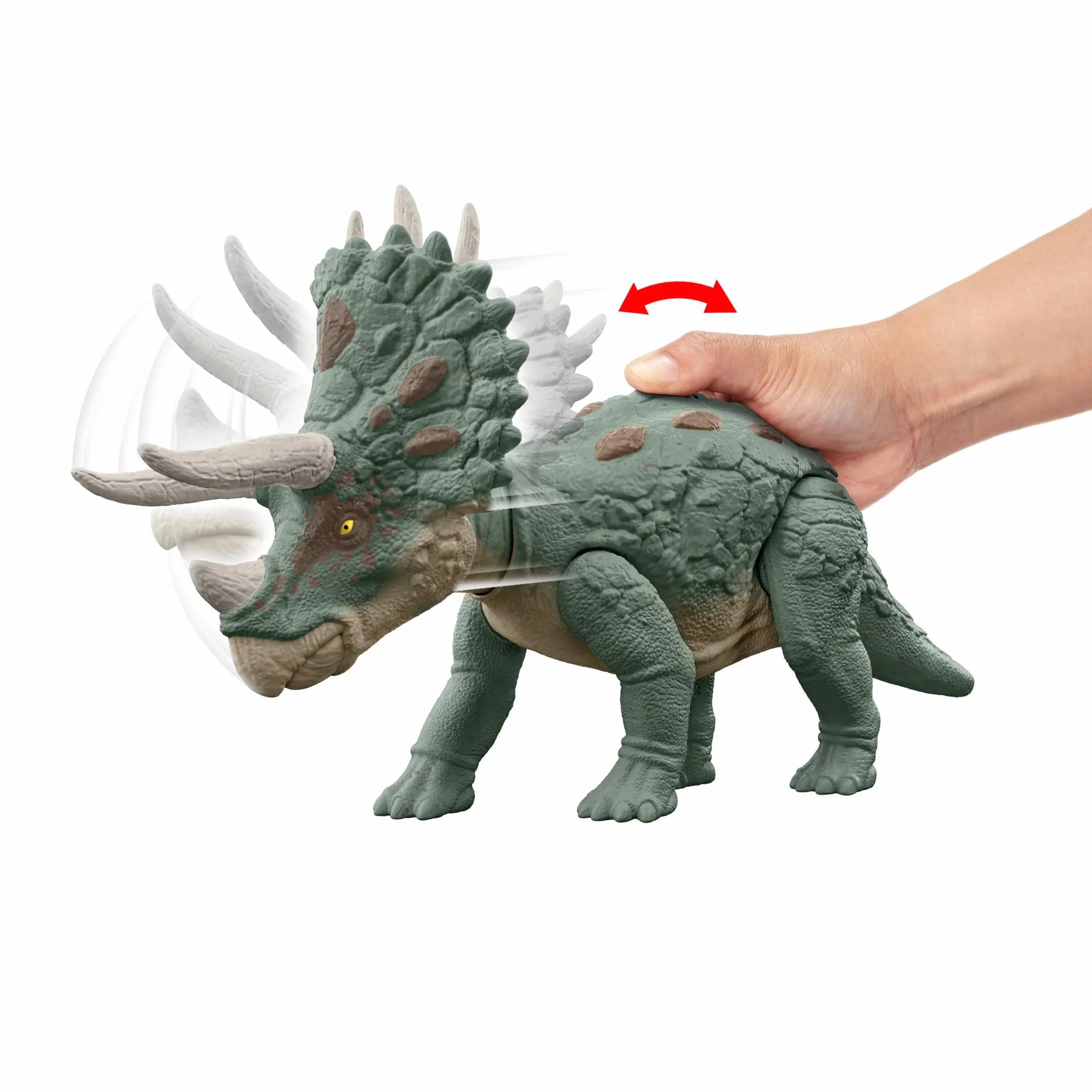 Mattel Jurassic World Gigantic Trackers Triceratops Dinosaurio de juguete con movimientos de ataque, +4 años (HTK79)