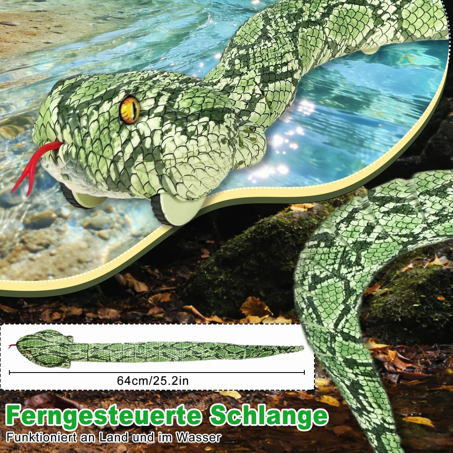HILKKET Serpiente Teledirigida, Serpiente pitón Teledirigida de 64 cm, Juguete eléctrico de Serpiente para Tierra y Agua a 5 km/h, Juguete Impermeable para Piscina, Juguete Acuático para Niños