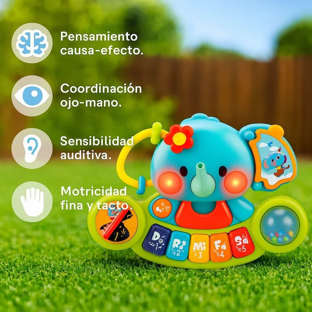 Hola - Piano Infantil de Juguete - con Luces y Sonidos Reales de Instrumentos Musicales - Juego Elefante Musical con Teclado y 7 Actividades - Juguete Sensorial y Educativo - Regalo Bebe +6 Meses