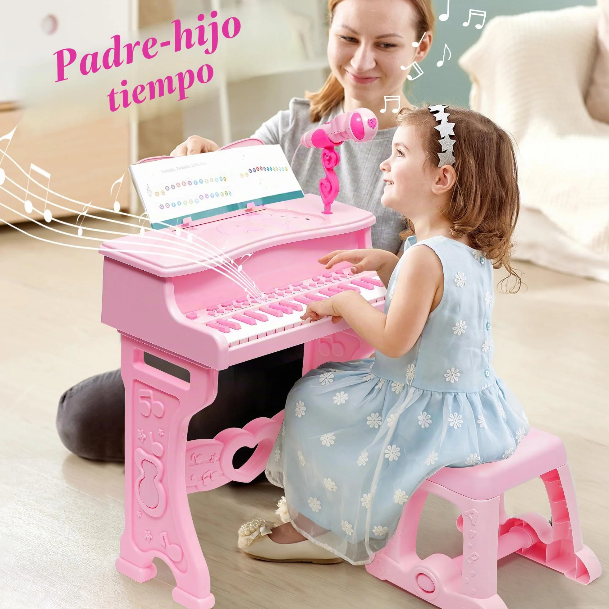Piano para niños-Instrumento Musical Electrónico con 37 Teclas para niñas,Regalo Juguete Musical Pedagógico con Patas Desmontables,Micrófono,Varios Modos de Música,luz,Taburete (Rosa)