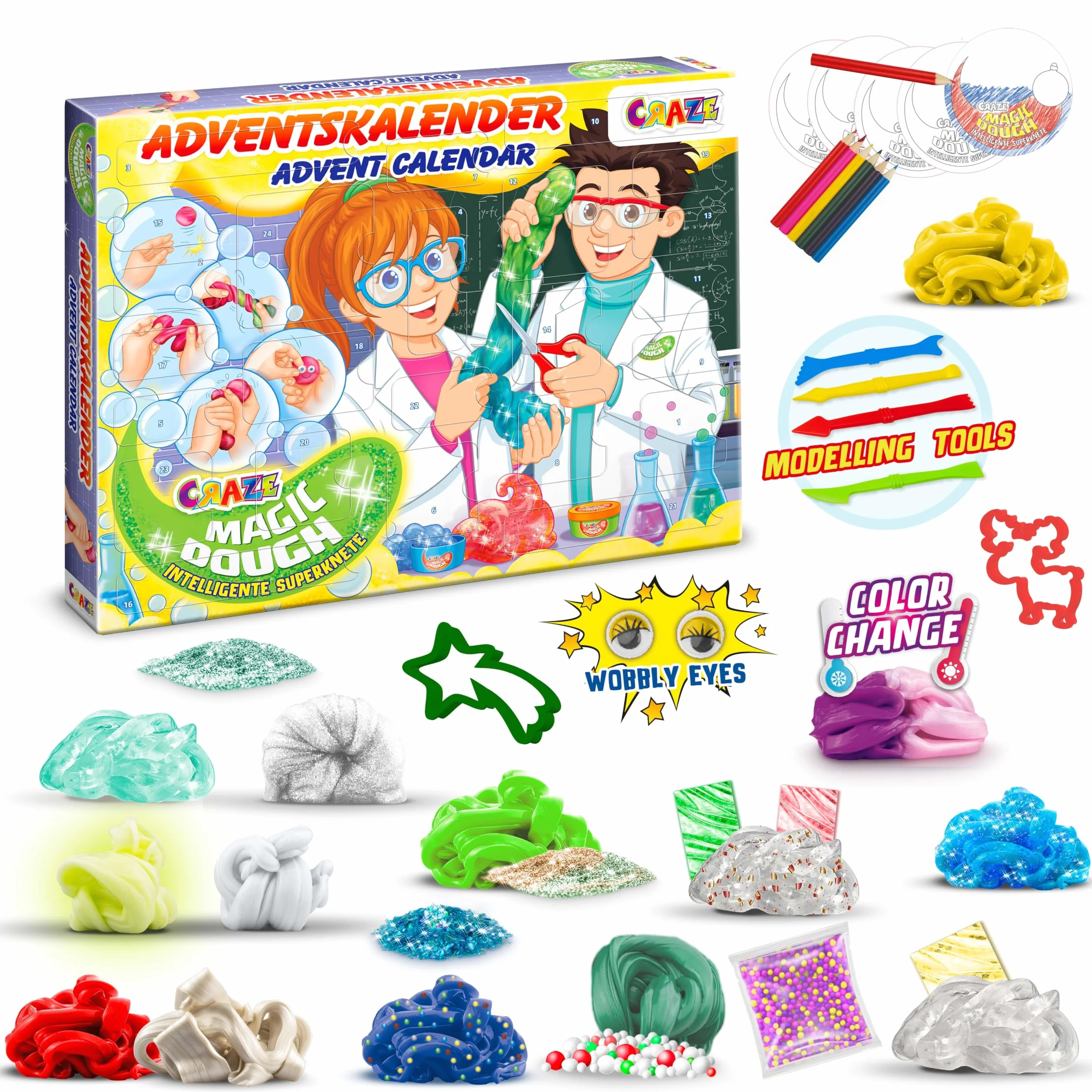 Craze Calendario de Adviento Magic Dough - Calendario de Adviento para Niños y Niñas con Plastilina Inteligente, 24 Grandes sorpresas con Arcilla para modelar