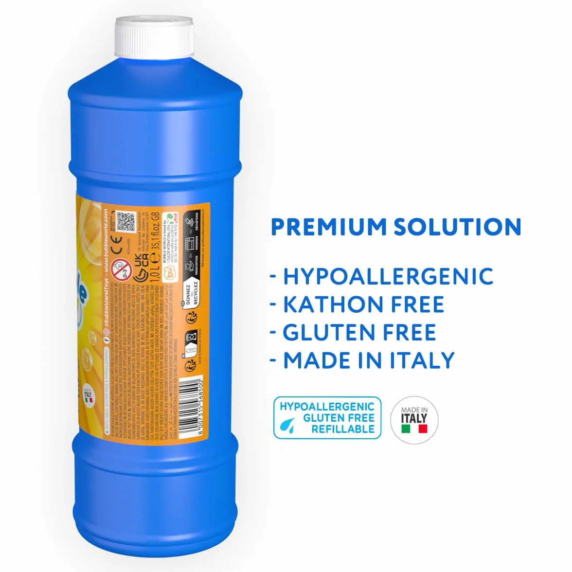 Bubble World - Recarga Líquido para Pompas de Jabón - Pompas de Jabón Niños - Líquido Listo para Usar para Pompas y Pomperos - Hipoalergénico - Sin Parabenos - Sin Gluten - 1 L - Made in Italy