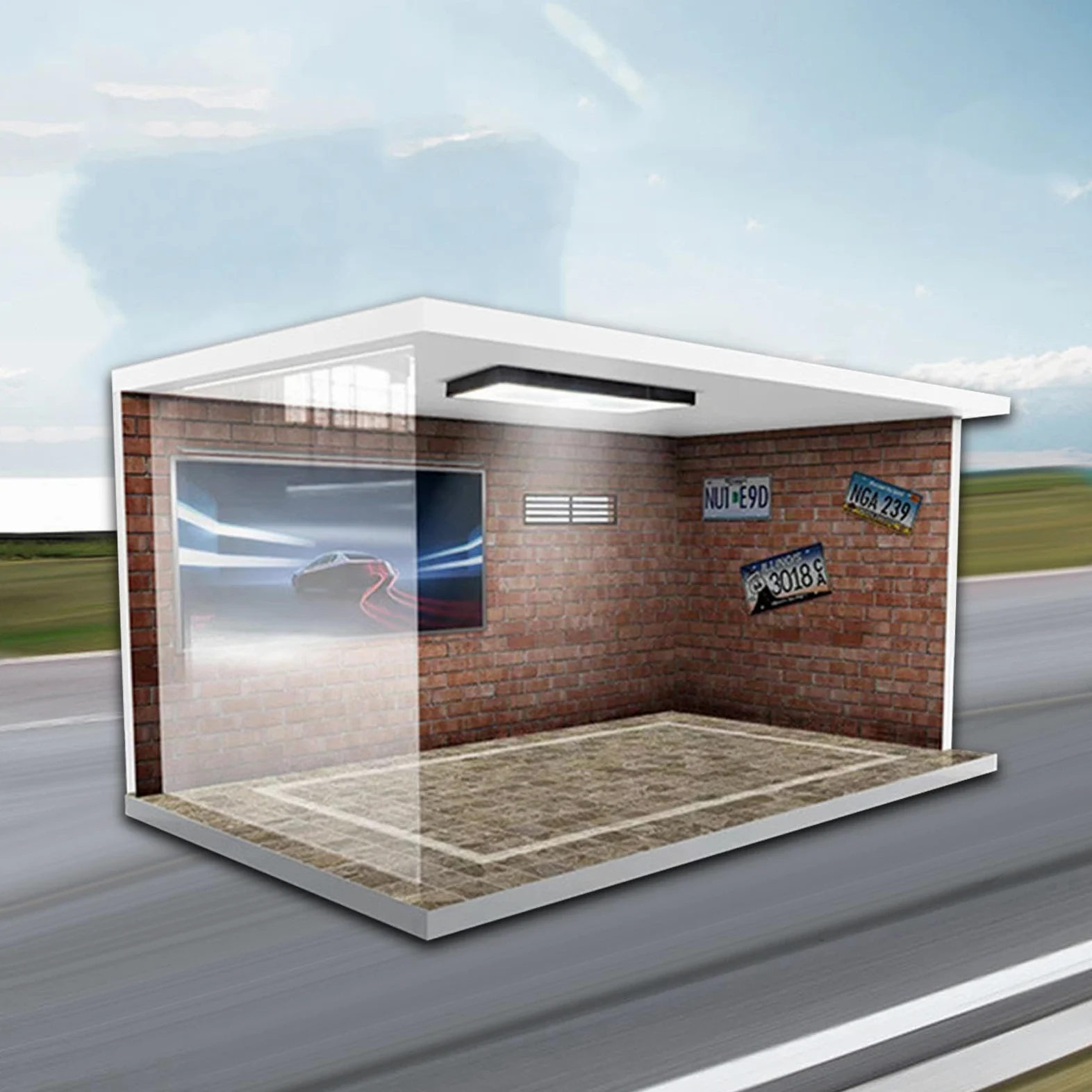 Milageto Modelos a Escala 1/18, Estuche de exposición para Coche, simulación de Garaje, estacionamiento con Luces, Escena de vehículo acrílico, Juguete, Ladrillos Rojos