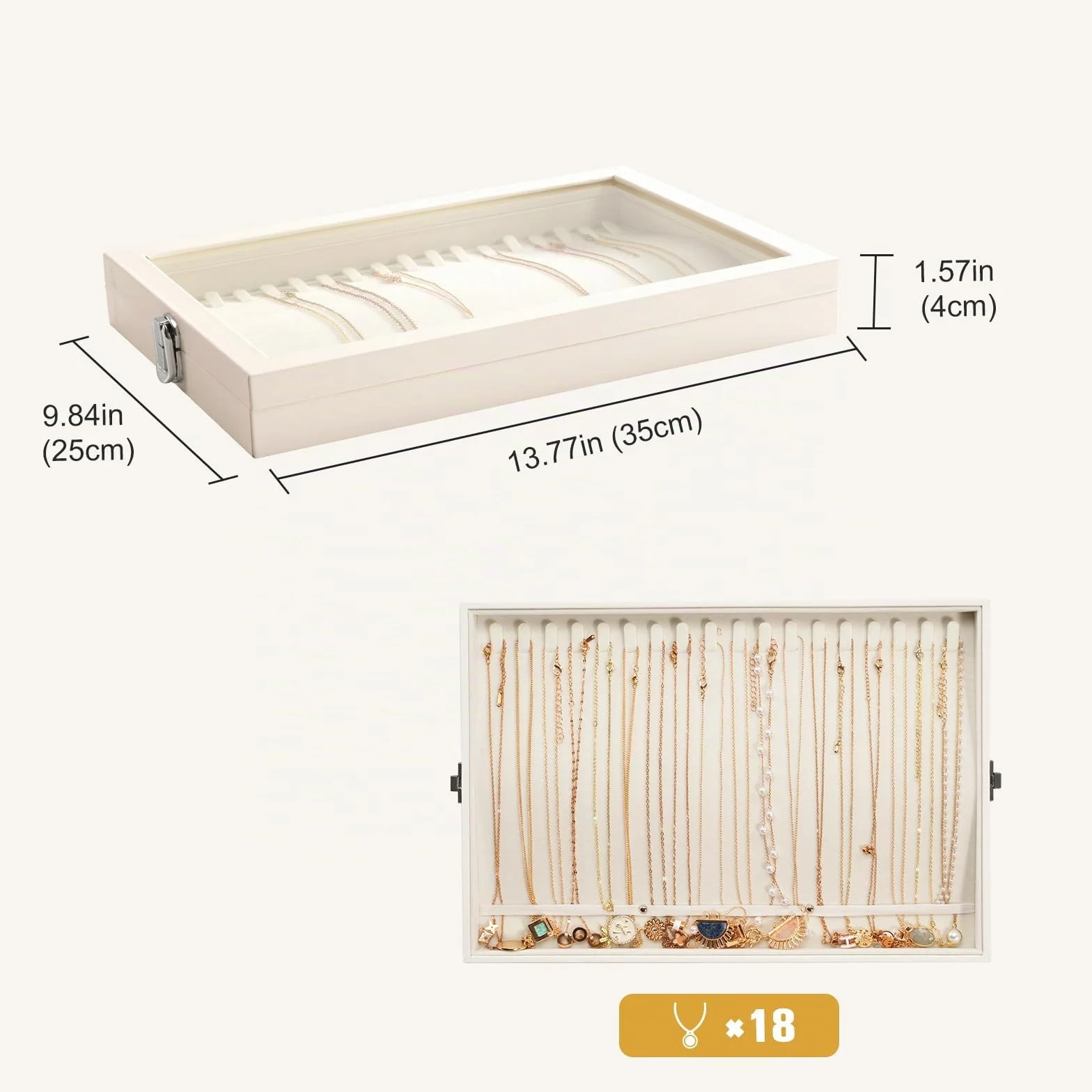 Lolalet Bandeja Organizadora para Collares con Tapa, 18 ganchos para Joyas Caja de Almacenamiento para Cajón -Beige