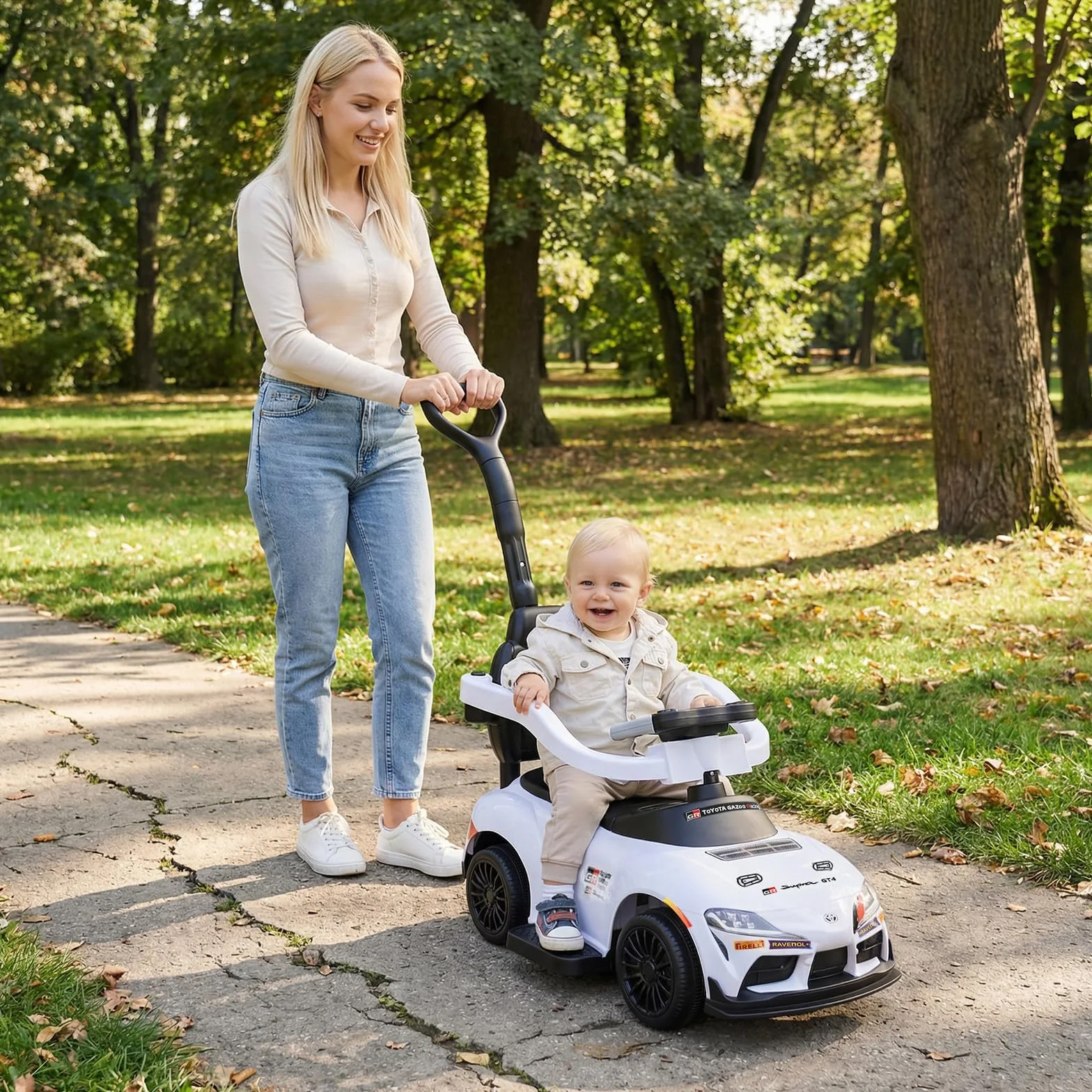 GOPLUS Correpasillo 3 en 1, Coche Correpasillos para Niños con Barra de Empuje, Barandilla de Seguridad Desmontables, Volante con Sonido y Música, Almacenaje bajo Asiento, para 1,5-5 Años (Blanco)