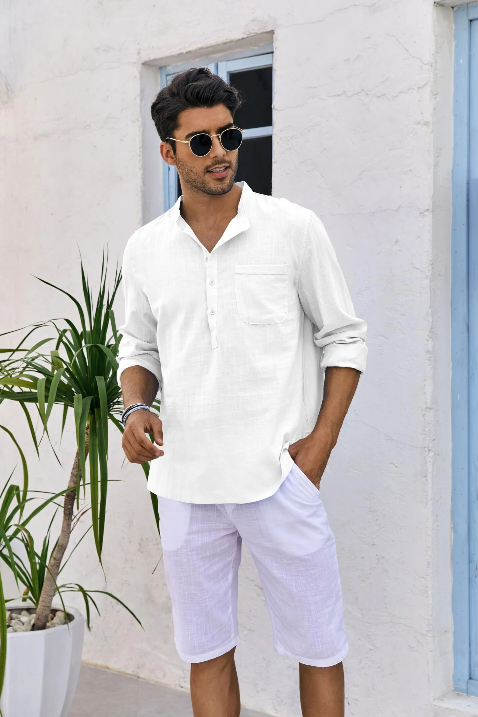 Camisa de lino para hombre manga larga algodón corte regular playa verano
