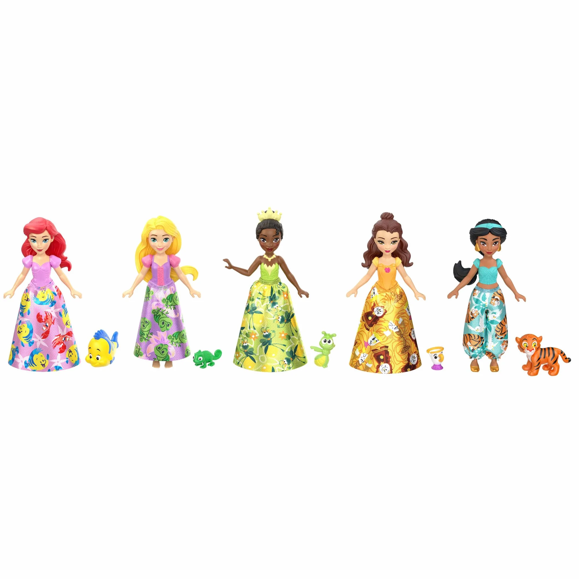 Mattel Disney Princesas y amigos Conjunto de juego con cinco muñecas pequeñas articuladas con faldas o pantalones extraíbles y cinco figuras de amigos, inspiradas en las películas de Disney, JBL33