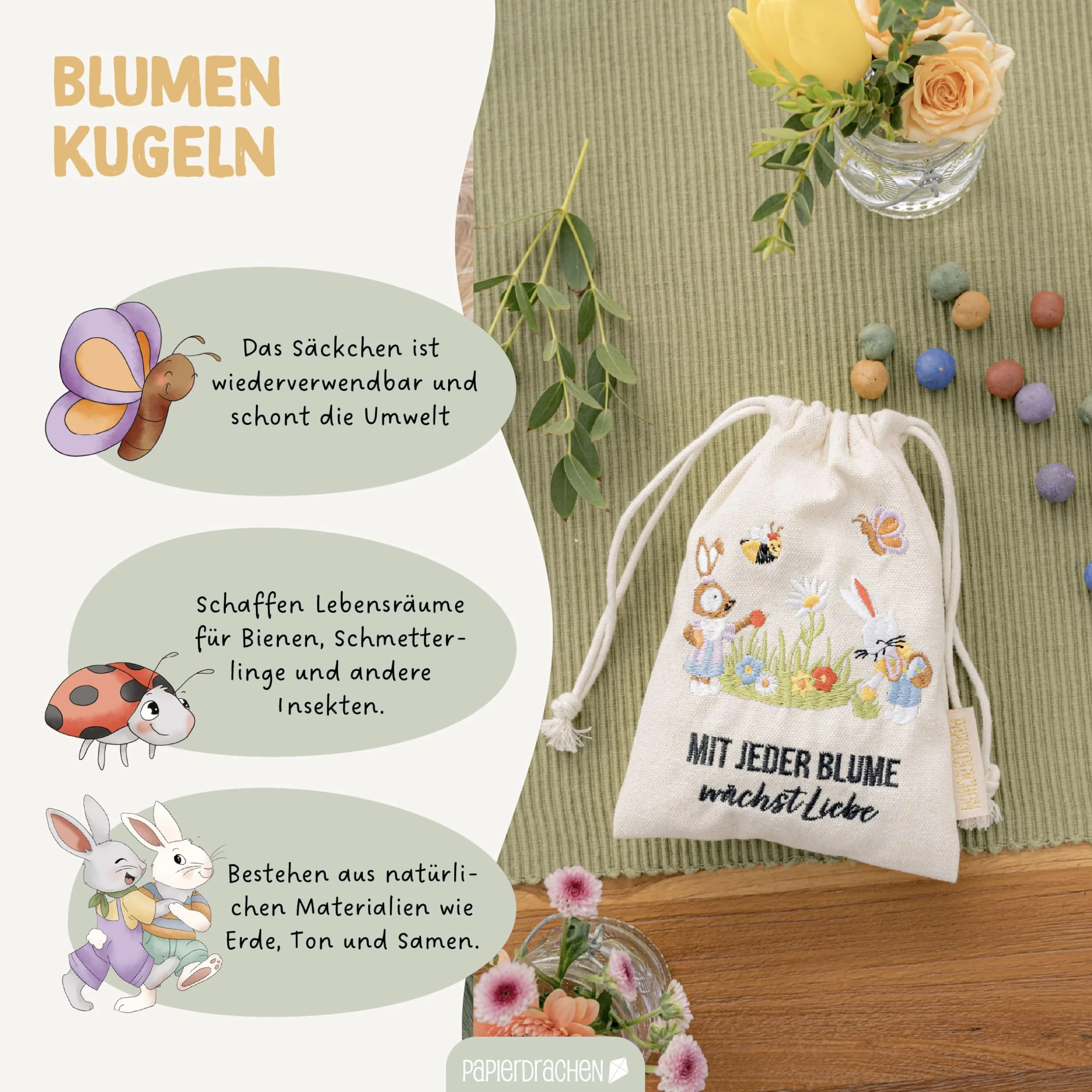 Papierdrachen 20 bolas de flores con saquito de conejo de Pascua – Semillas de flores – Pascua – Bordado colorido – Abejas – Regalo sostenible