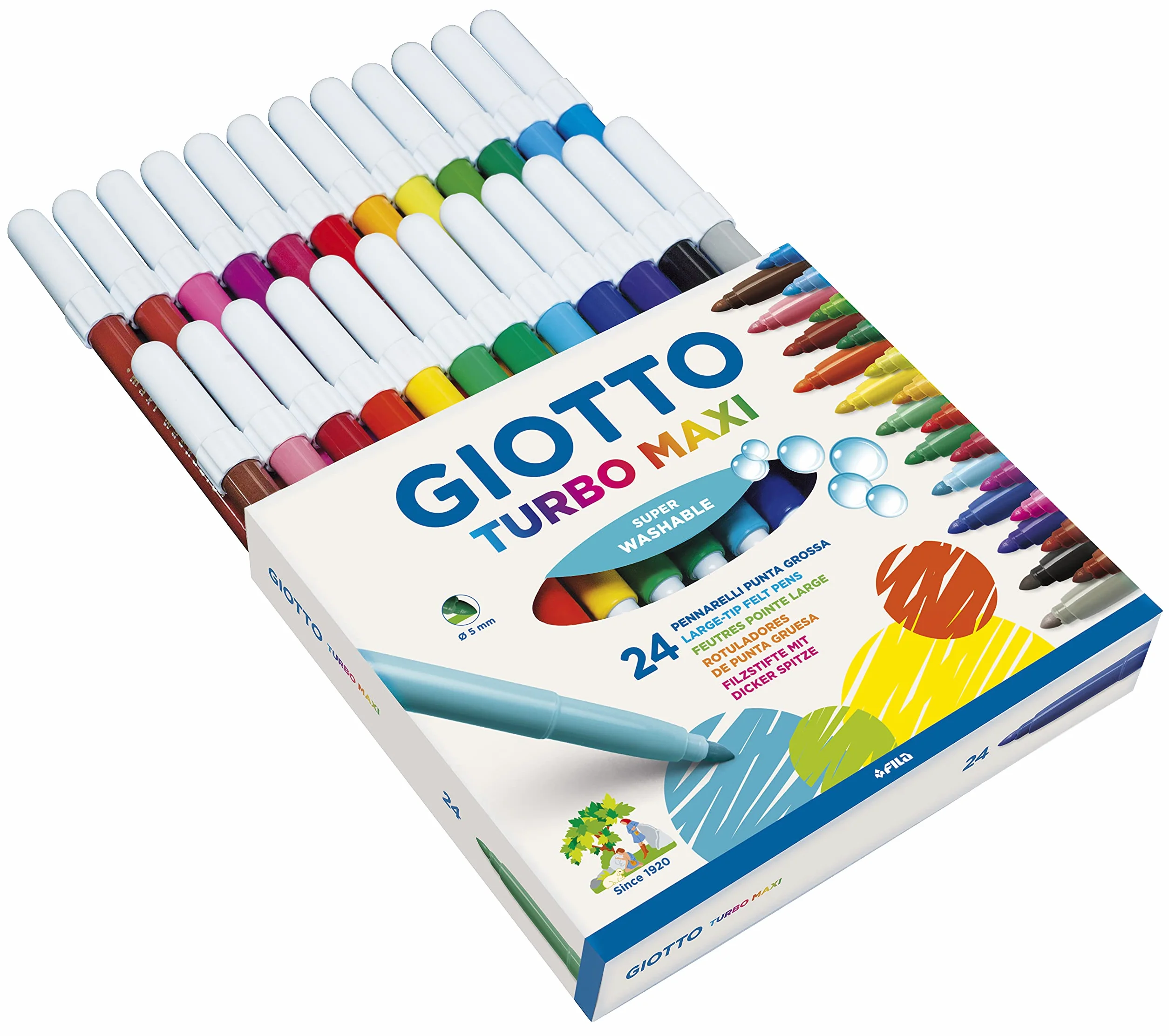GIOTTO Turbo Maxi, Rotuladores Súper Lavables, Punta Maxi, Punta 5mm, Colores Surtidos, 24 uds.
