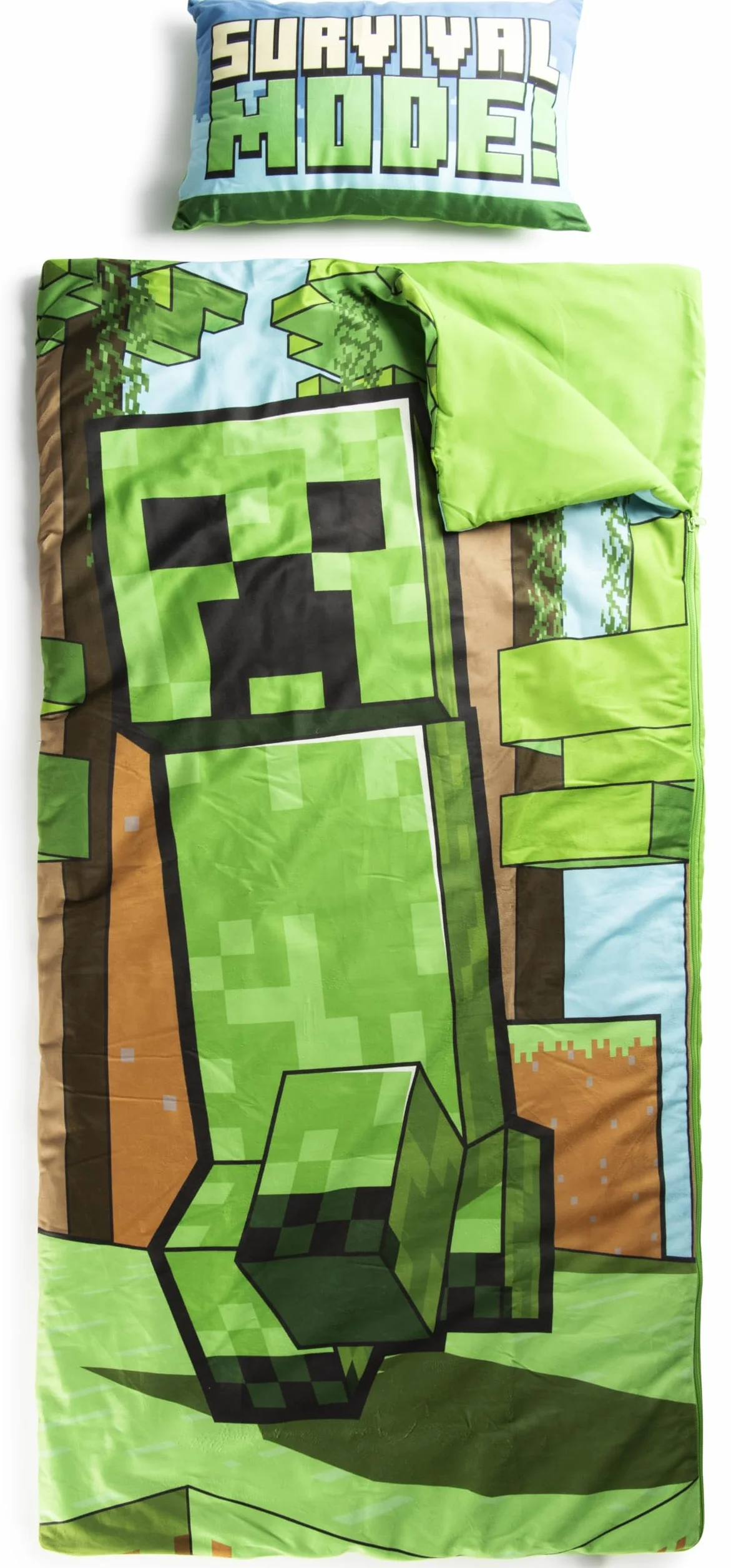 Set de 2 con Almohada y Manta de Creeper de Minecraft, Suave Saco de Dormir Infantil con Bolsa y Almohada, para Fiestas de Pijamas, Viajes y acampadas