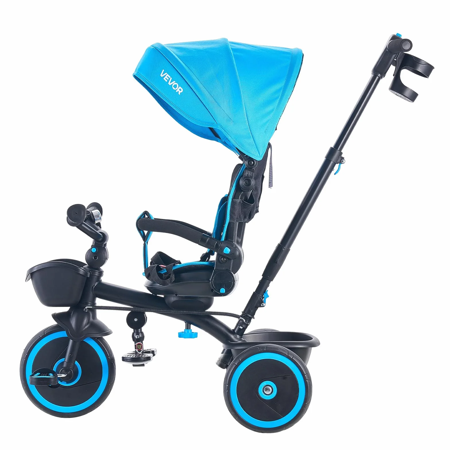 VEVOR Triciclos para Niños de 1 a 5 Años, Triciclo Infantil con Manillar de Empuje para Padres, Capota, Asiento Ajustable, Espacio de Almacenamiento, Cuadro de Acero al Carbono, Azul y Negro