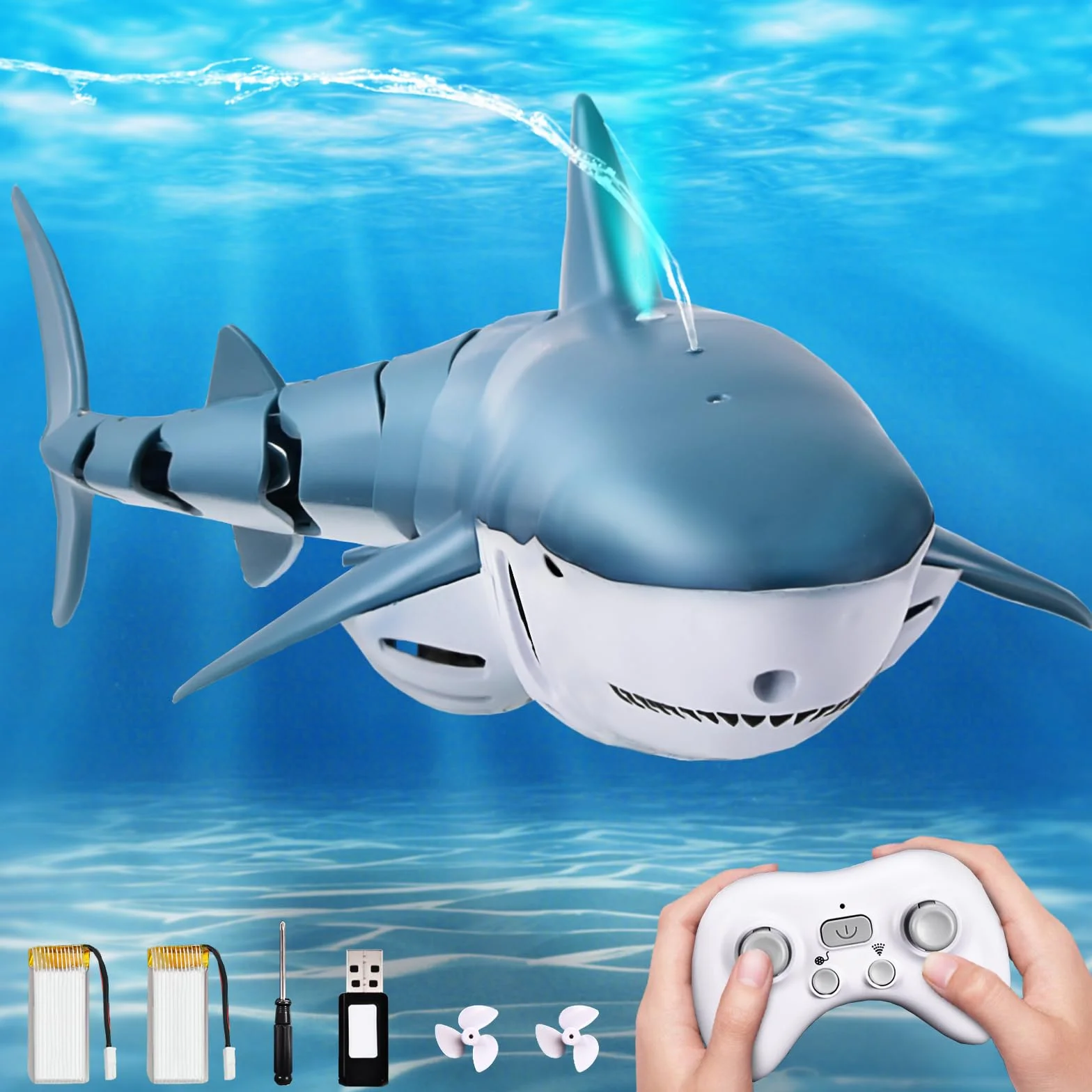 YOOHBERRYS Tiburon Teledirigido, 2.4GHz Tiburon Teledirigido Acuatico, RC Barco Tiburón con Luces y Chorros de Agua, Juguete de Piscina Regalo para 6+ Años Niño Niña