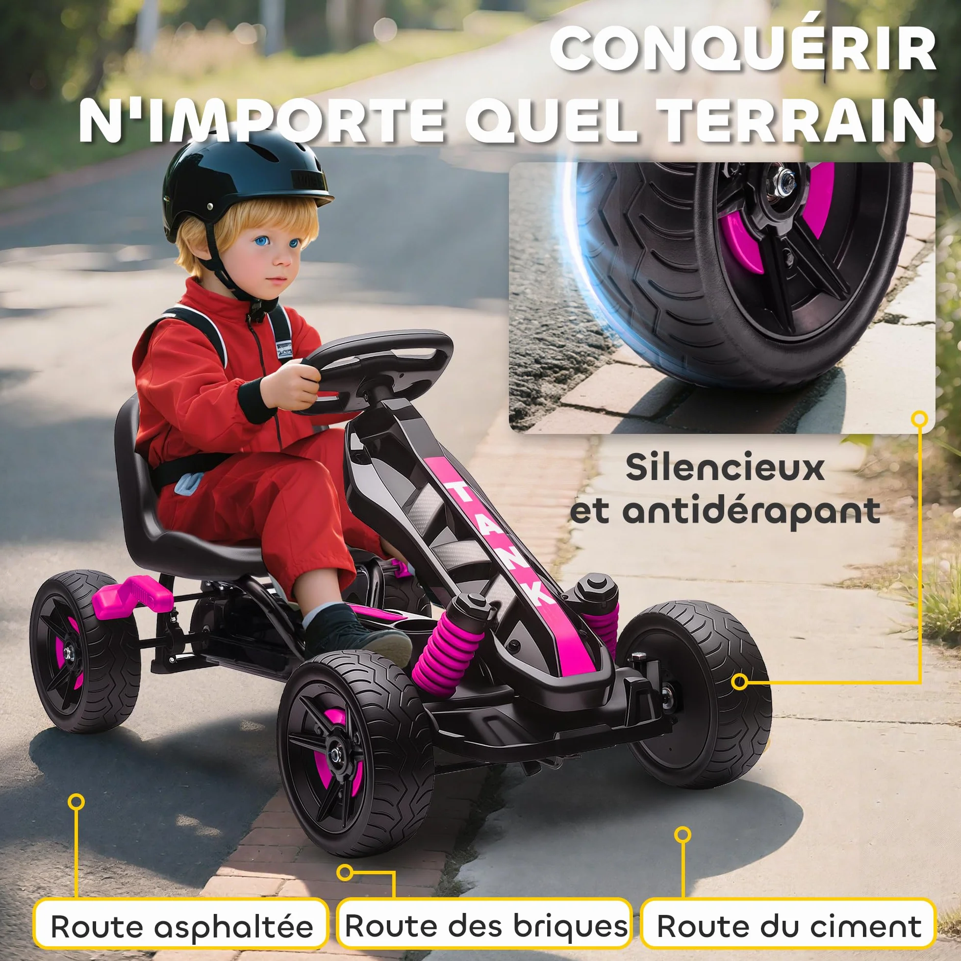 AIYAPLAY Kart a pedales para niños, karting infantil con embrague automático, freno, ruedas de EVA antideslizantes, avanzar y retroceder, coche a pedales para niños de 3 a 6 años, rosa