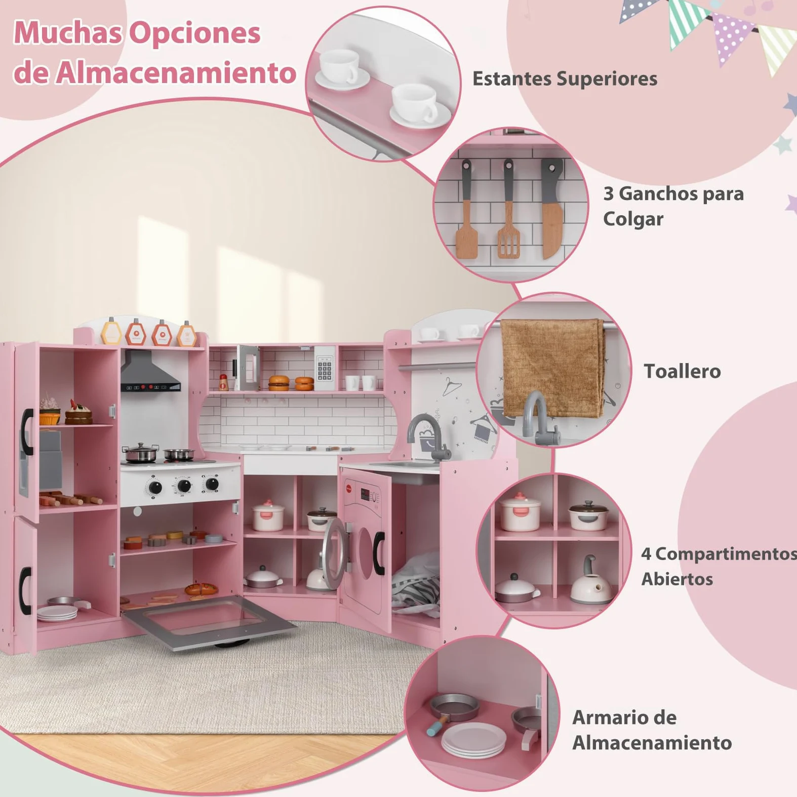GOPLUS Cocina de Juguete de Esquina para Niños, Cocinita Infantil con Máquina de Hielo, Microondas, Estufa, Horno, Fregadero, Lavadora, con Luces y Sonidos para Niños Pequeños de 3-10 Años (Rosa)
