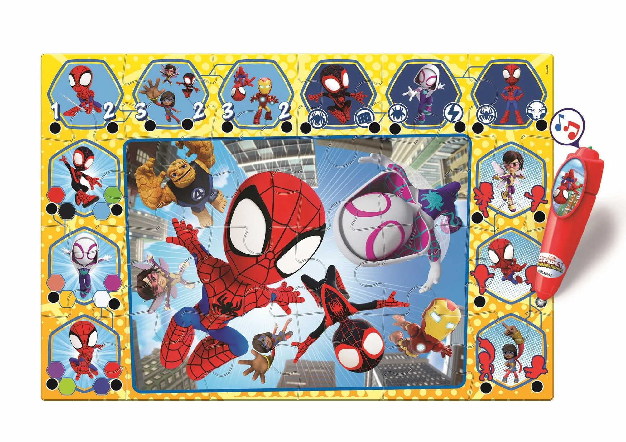 Clementoni - Puzzle Interactivo de Marvel Spidey and His Amazing Friends para Suelo - 24 Piezas, Pen Interativa, Desarrollo Autonomía y Concentración, 3+ Años, 62x42 cm, 16686