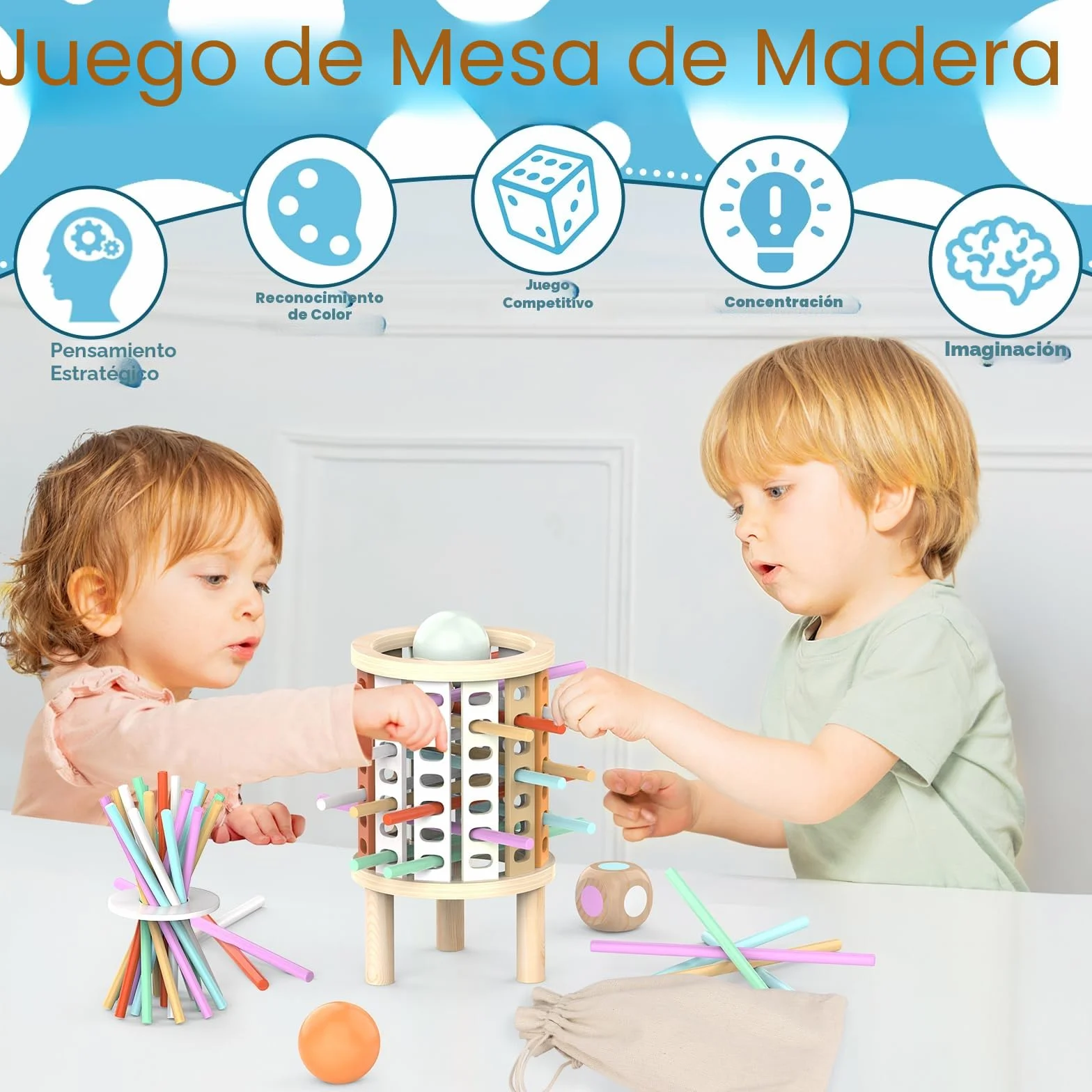 Montessori Juguetes con 28 Palitos de Coloridos Juegos de Mesa Niños Niñas 3 4 5 6 7 8 9 10 11 12 Años Regalo, Juego Educativo Familiar para Cognición y Habilidades Motoras Finas Torre de Madera