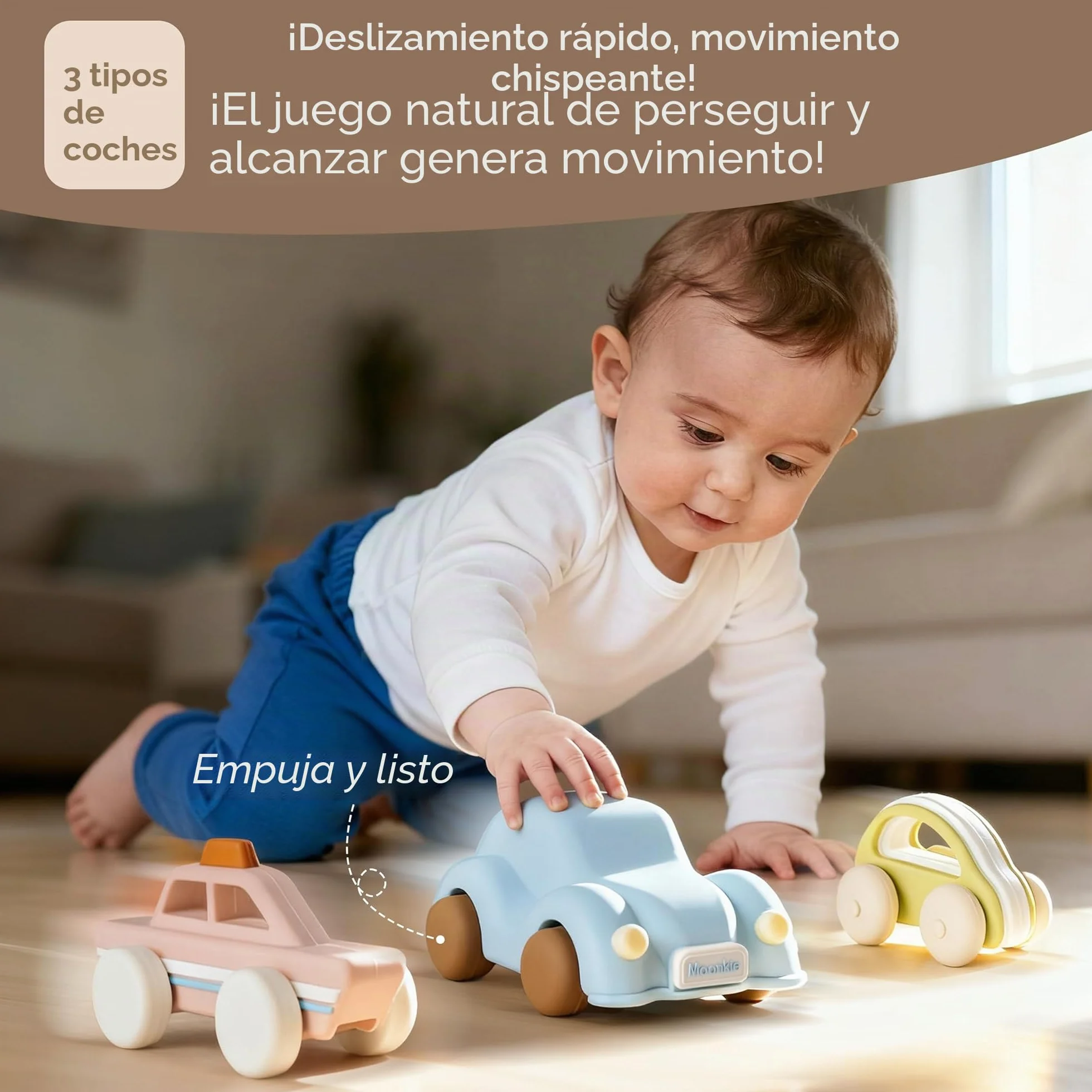 Moonkie Roll & Go Coches para Niños, Paquete de 3, Coches Juguete Silicona Blanda, Regalo Niño 6 Meses+ 1 2 3 Años, Mordedor Bebe, Juguetes Montessori, Coches para Bebes sin BPA, para Casa y Viaje