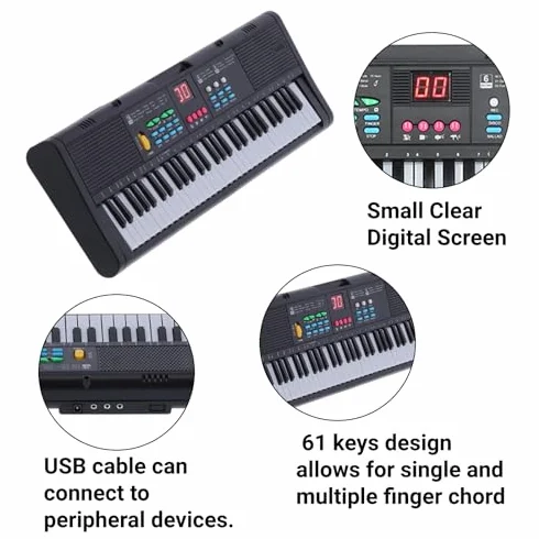 Teclado Piano 61 Teclas Teclado de Piano Digital con Micrófono Cable USB Altavoces Duales para Niños Principiantes