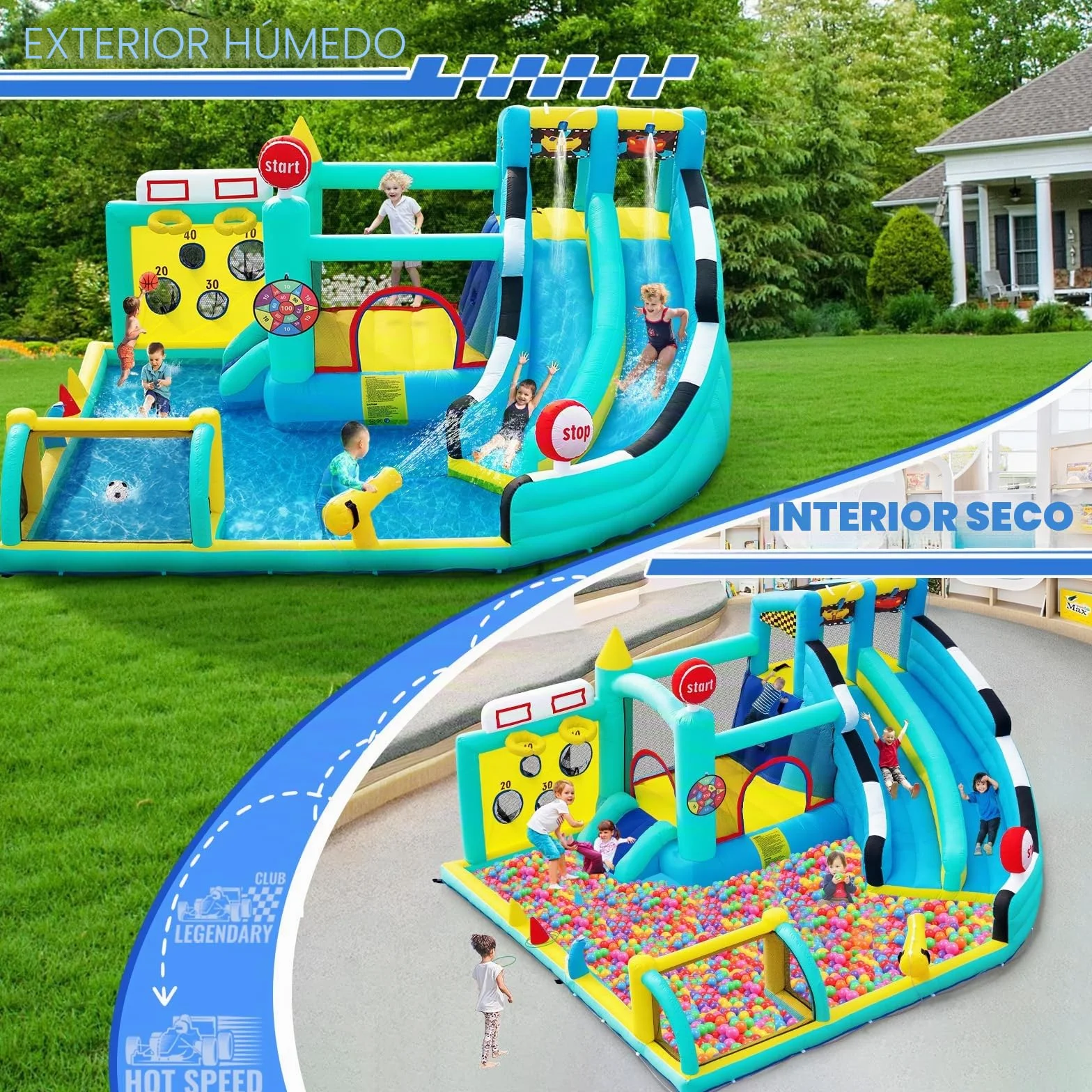 Castillo Hinchable Grande con Tobogán de Agua y Soplador, para Niños con Trampolín, Rocódromos, Baloncesto, Piscina, Peso 225 kg, para 4 Niños de 3 a 10 Años, 470×400×220 cm