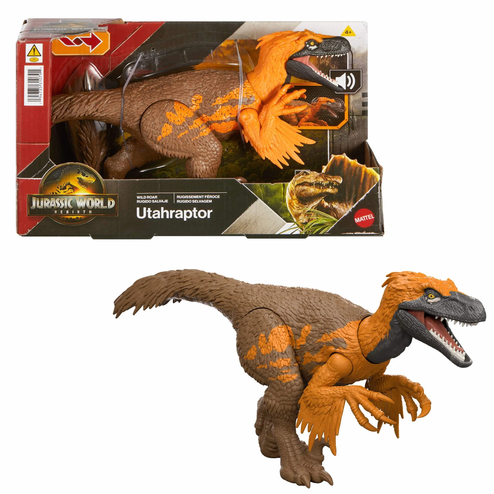 Mattel Jurassic World El Renacer Utahrraptor Rugido salvaje Dinosaurio articulado ataque mordisco sonido cola JGC80