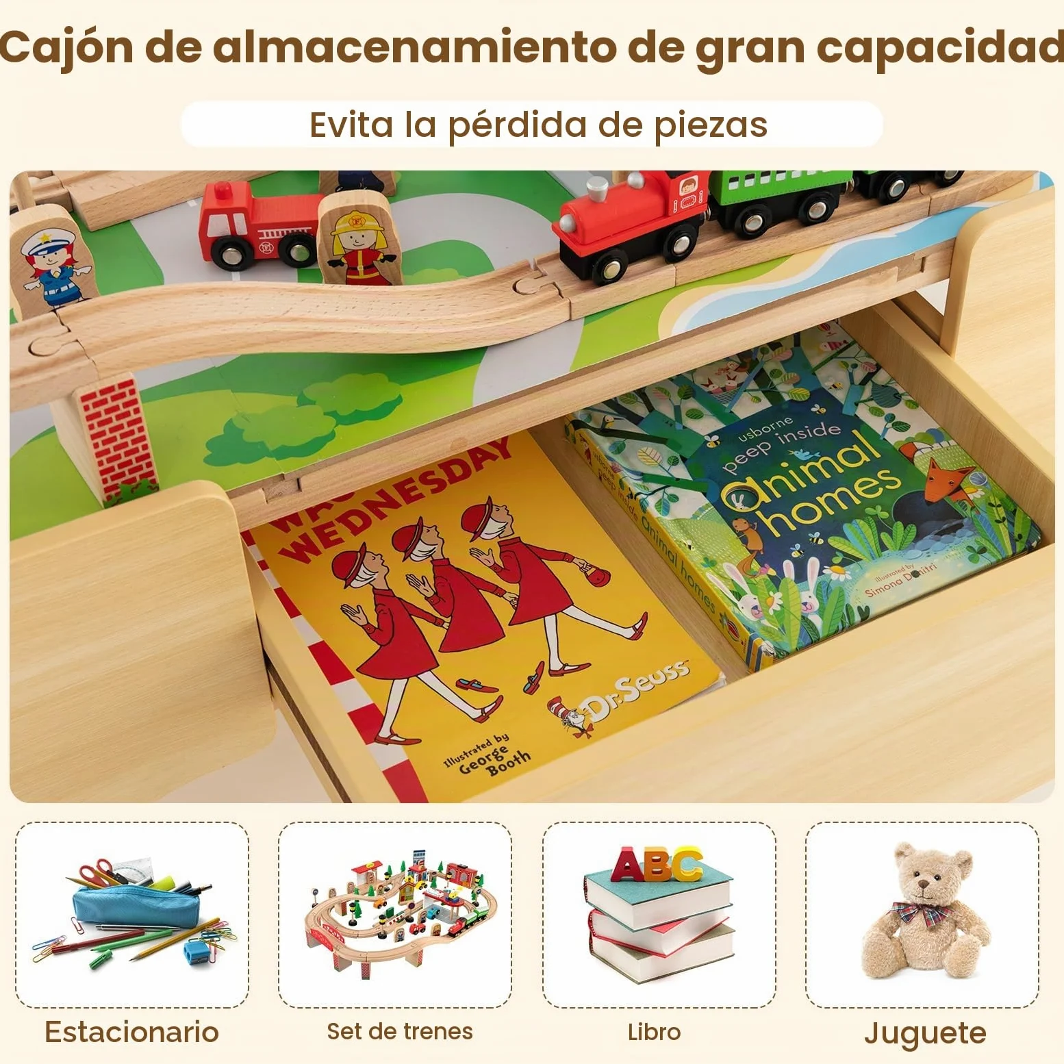 FANTASK Mesa de Juego de 84 Piezas de Madera, Juego de ferrocarril Infantil con Tablero y cajón Reversibles y extraíbles, Mesa de Actividades para Jugar, Pintar, Leer, Comer, Juguetes para niños a