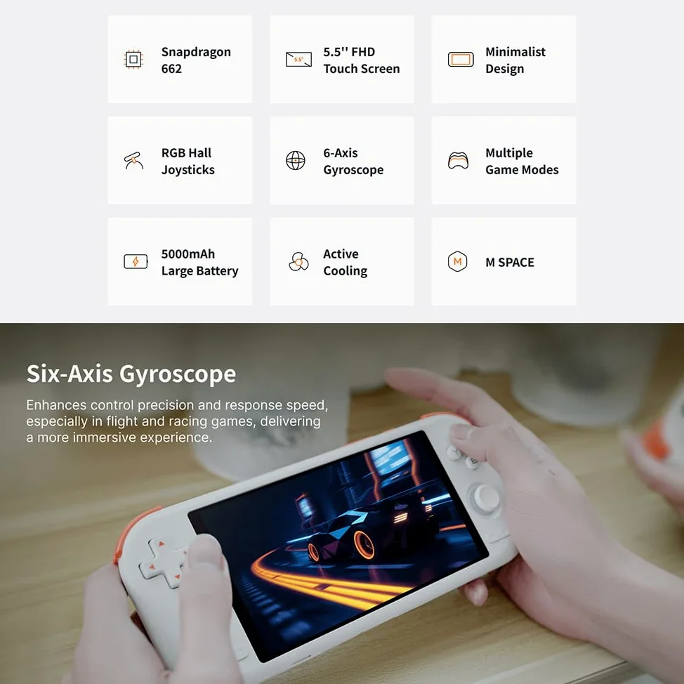 MANGMI AIR X Android Handheld, 14cm FHD IPS, Snapdragon 662, 4GB+64GB | Snapdragon 662, Adreno 610, 14cm 1920x1080 IPS 450nits, 4GB LPDDR4X, 64GB eMMC, 5000mAh, Android 14, WiFi 5, joysticks Hall