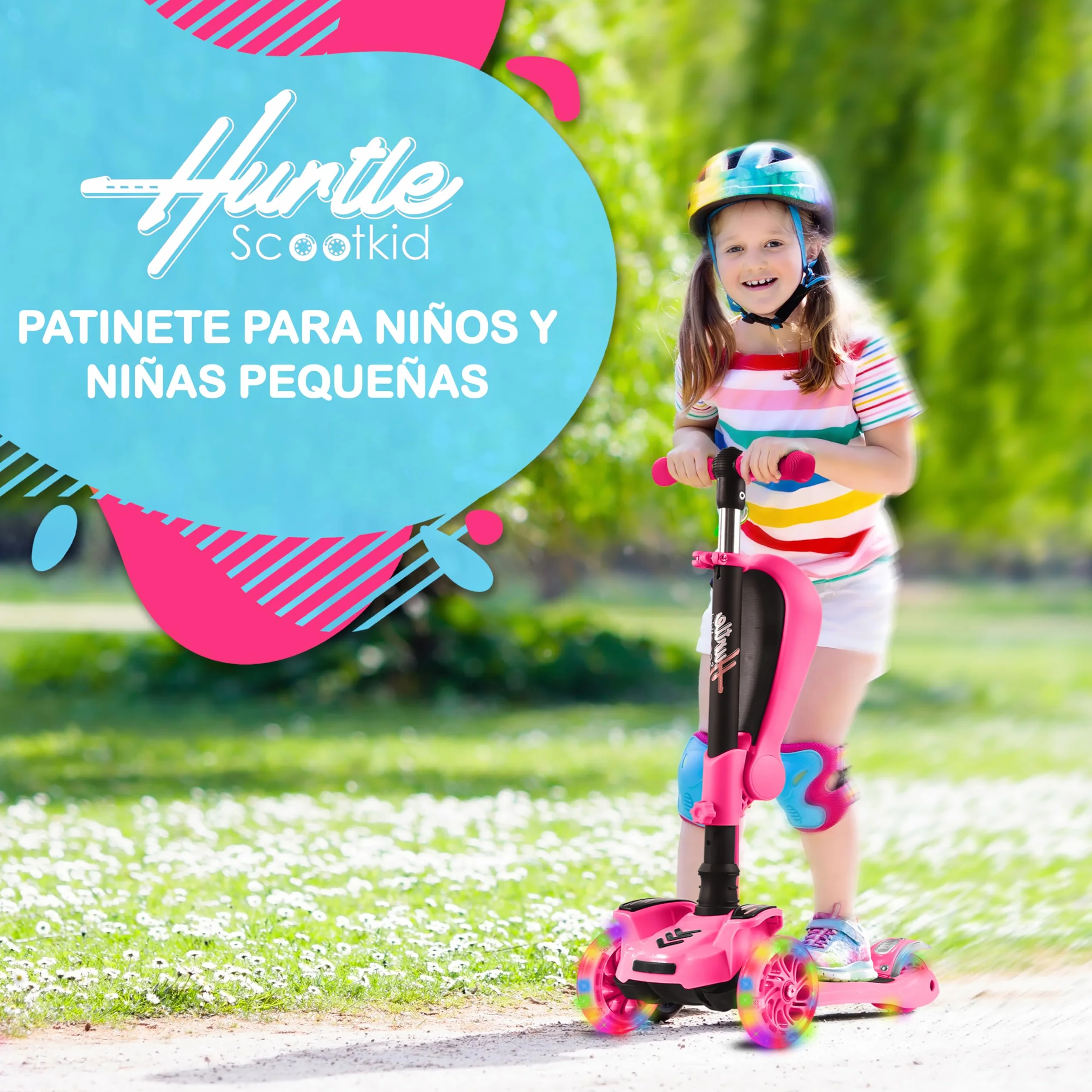 Hurtle Patinete, Scooter para niños, 2 años en adelante, Asiento abatible, Altura Ajustable, Monopatin 2 en 1, Luces Intermitentes