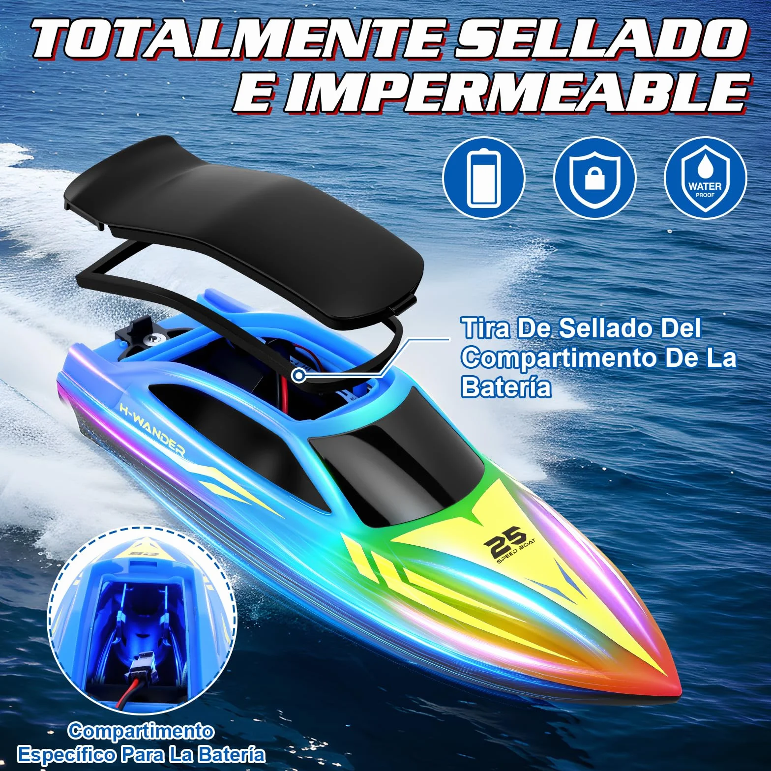 FORMIZON Barco Teledirigido, 2.4GHz Lancha Teledirigida con 7 Modos de Luces LED, 15 km/h Barco RC para Piscinas, más de 120 Minutos, Barcos Teledirigidos Juguetes de Piscina para niños (Azul)