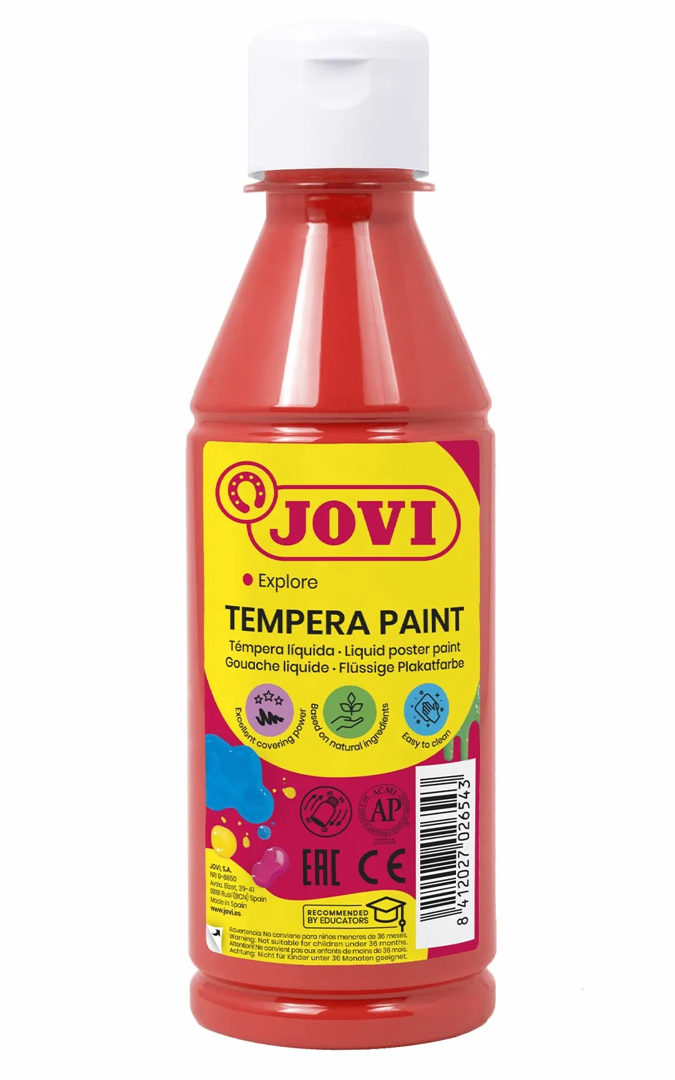 Jovi 50207 - Tempera Liquida 250 ml -Bermellon | Pintura a base de ingredientes naturales, Fácil de lavar, Sin gluten