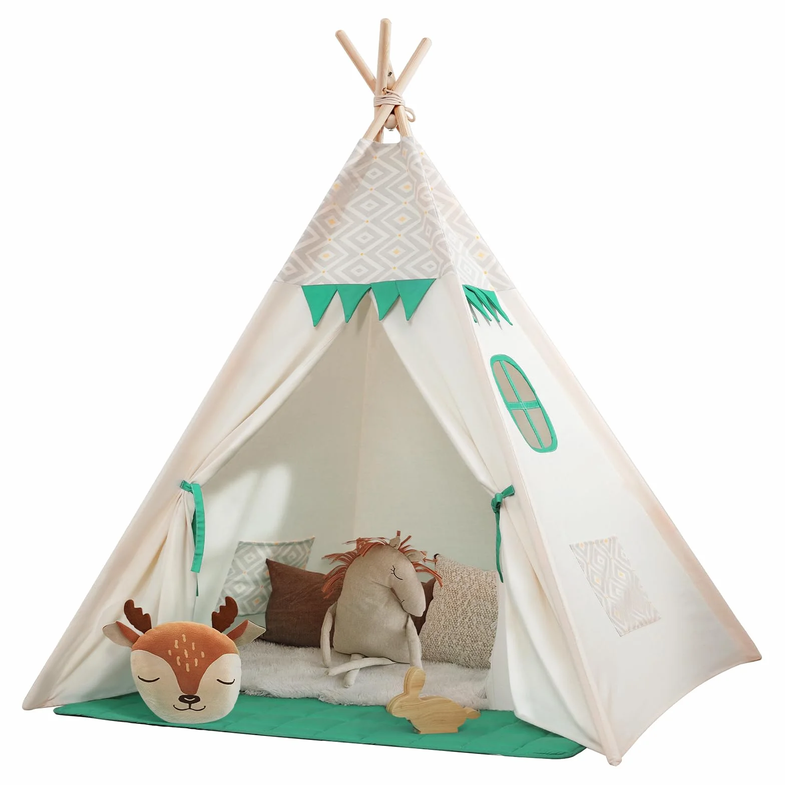 besrey Tipi Infantil Indio para Niños Tienda de Campaña Infantil Canvas Tipi de algodón con Alfombra Acolchado y Luces de Hadas (Verde y Blanco)