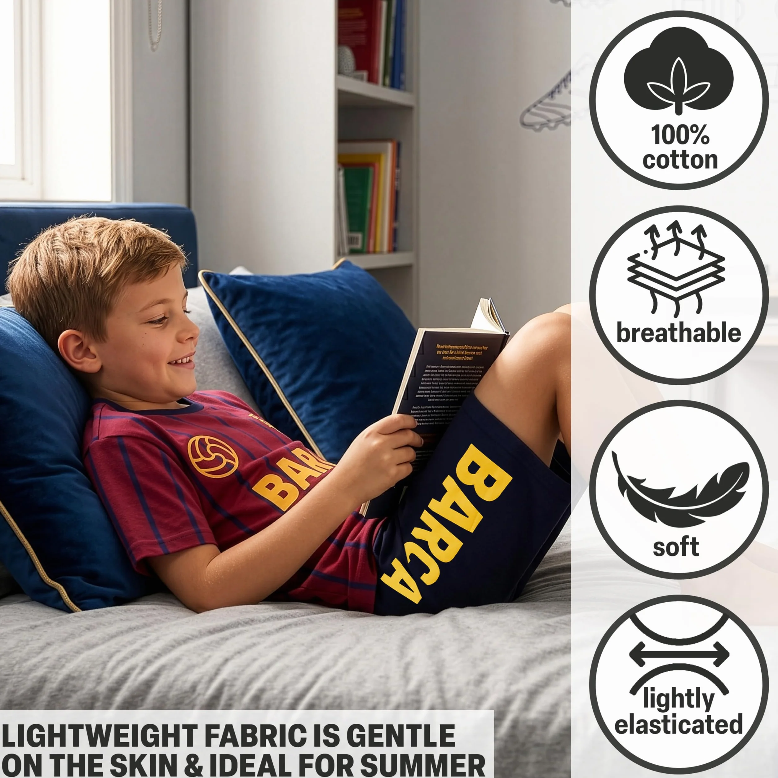 Real Madrid FC Barcelona Pijama Niño Algodón Camiseta Manga Corta Pantalón Corto Verano