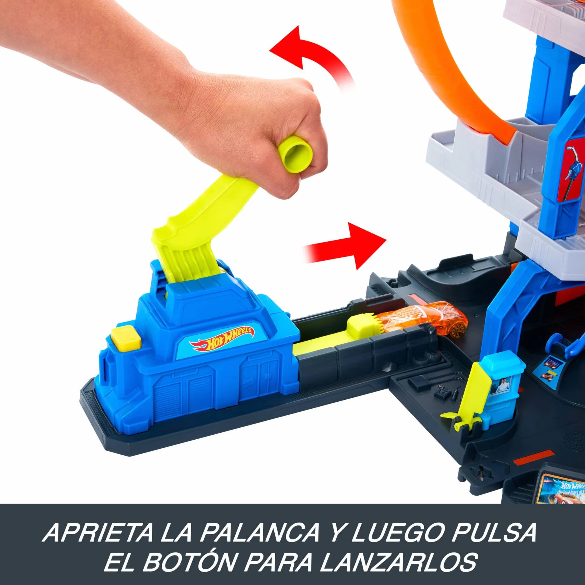 Hot Wheels Conjunto de Pista con helicóptero y Coche metálico, Tres Niveles de Juego, Dos loopings, Almacenamiento para 37 Coches a Escala 1:64 y adaptadores Speed Snap, JLC05